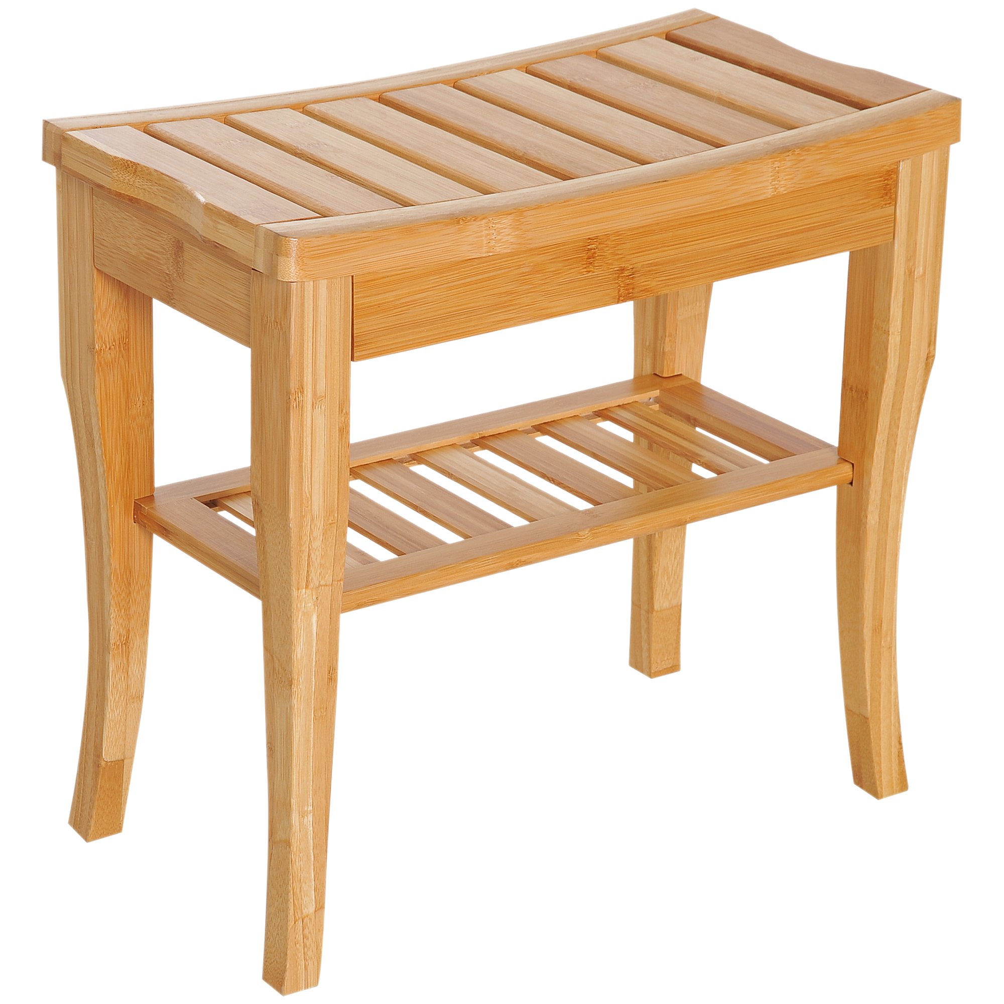 HOMCOM 2 Tier Slatted Shower Bench Storage Seat - Natural wood finish