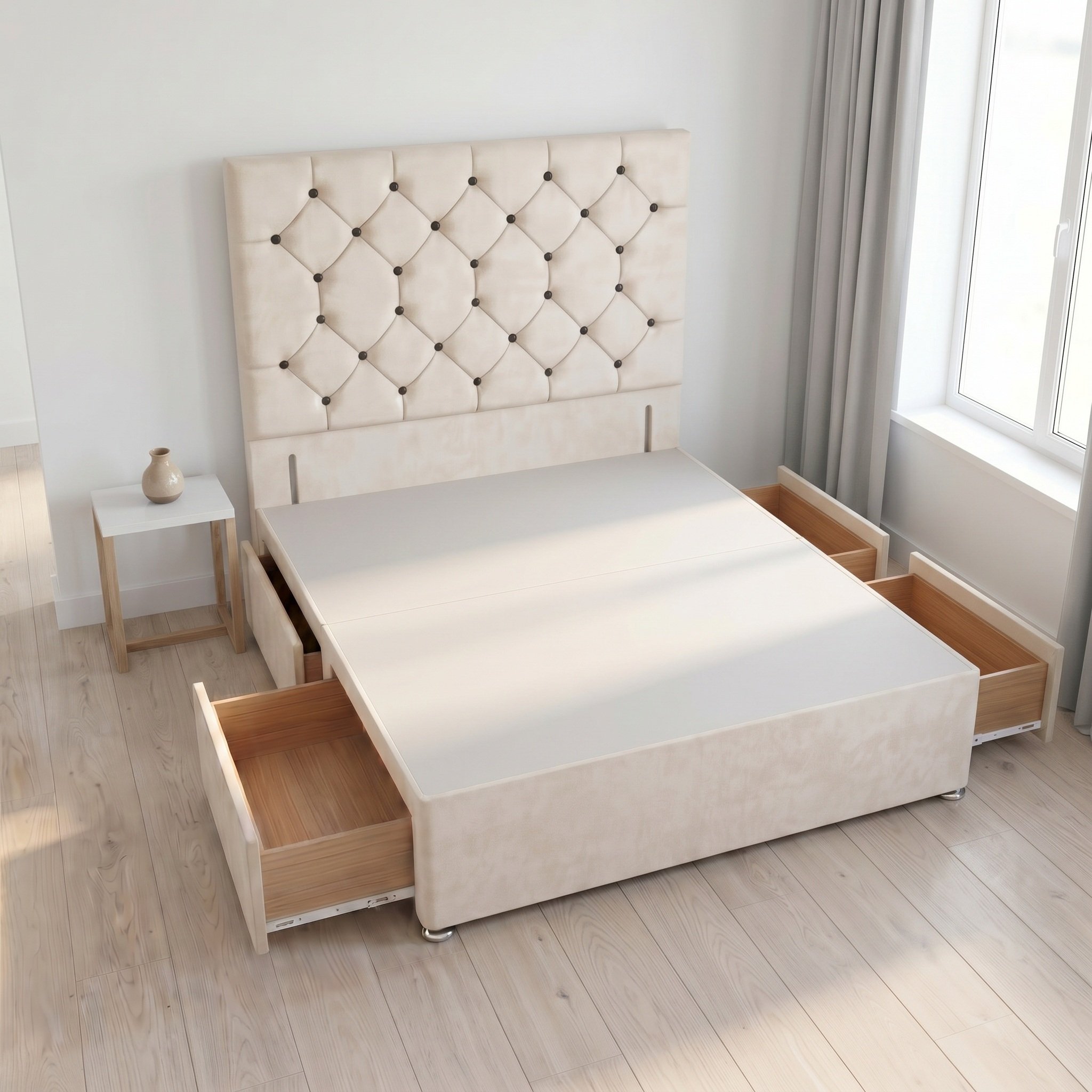 Somnior Diamante Velvet 4FT6 Double 4 Drawer Divan Bed Base - Ivory