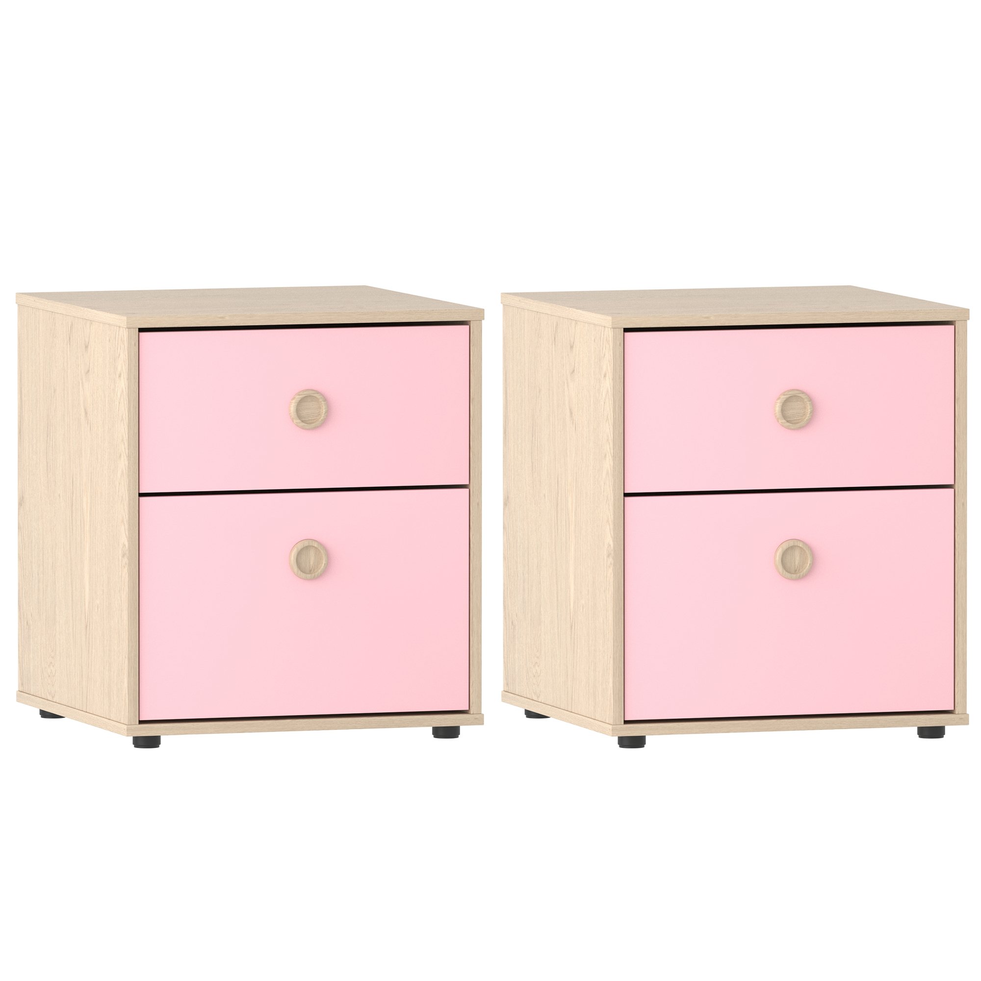 Junior Vida Neptune 2 Drawer Bedside Table Set of 2 - Pink & Oak