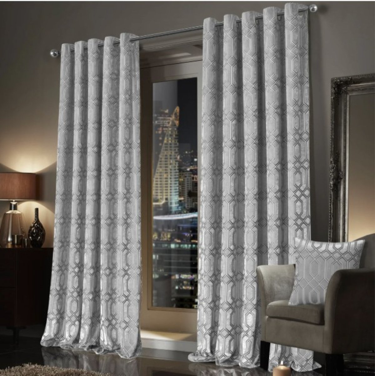 New Edge Blinds Grey Luxe Geo Velvet Eyelet Curtains - 167cm x 229cm