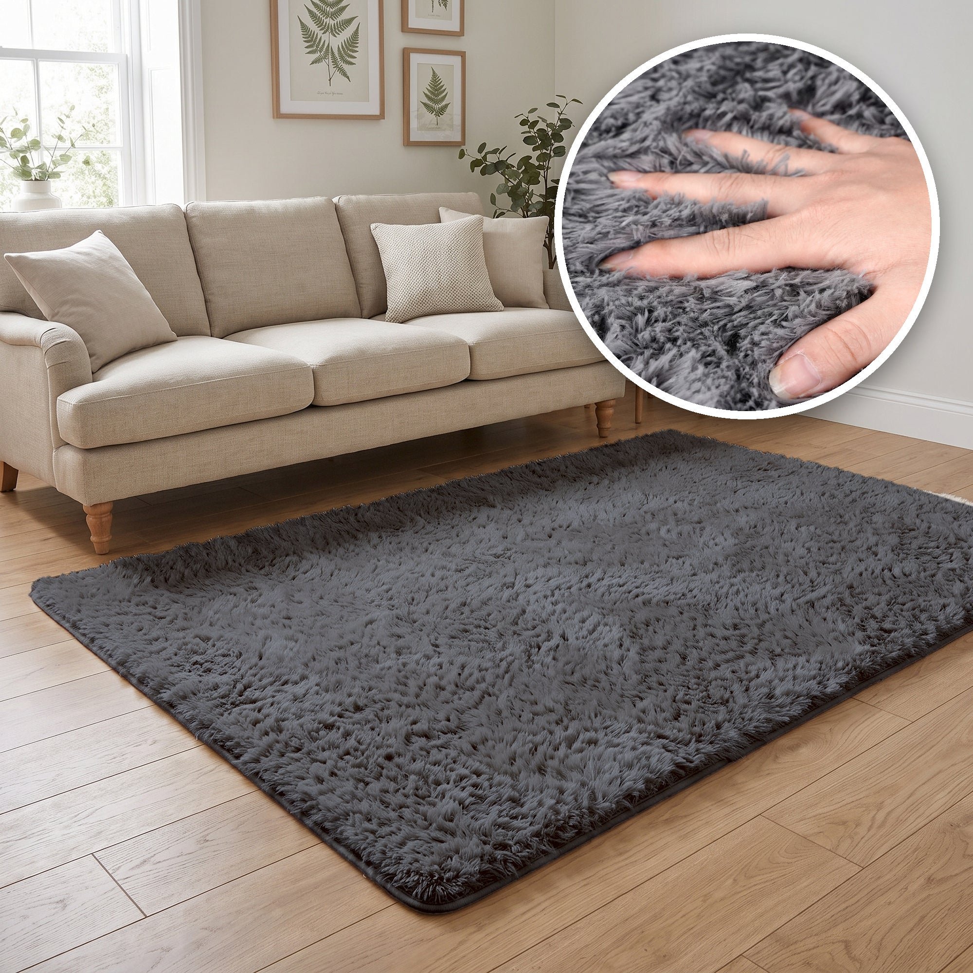 The Rugs Grey Lush Plain Washable Non Slip Shaggy Rug - 50 x 80cm