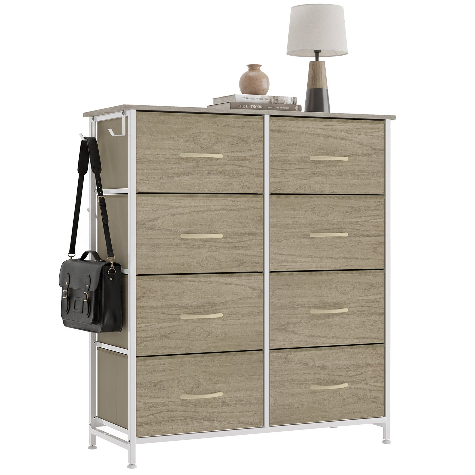 HOMCOM 8 Drawer Fabric Side Storage Steel Frame Chest of Drawers – Natural