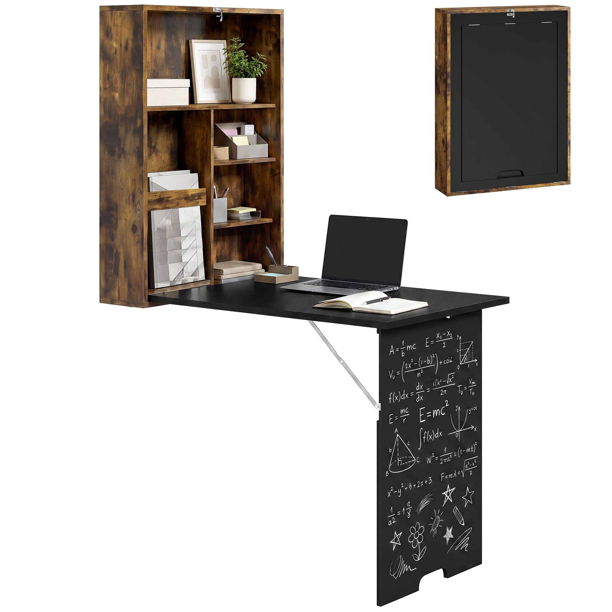 HOMCOM Folding Convertible Wall Table with Chalkboard - Rustic Brown