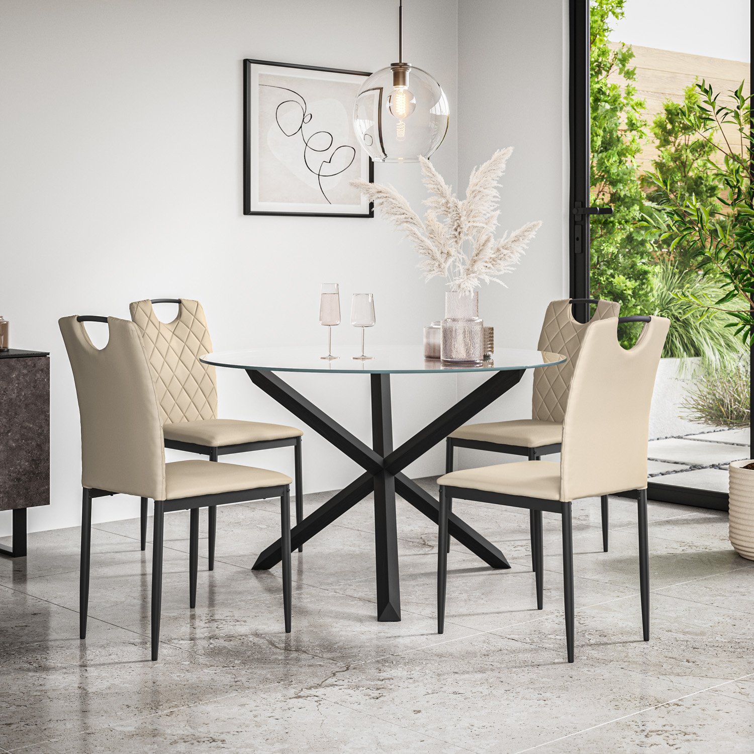 Furniture Online Malvern Monza Glass Top Dining Table & 4 Beige Chairs