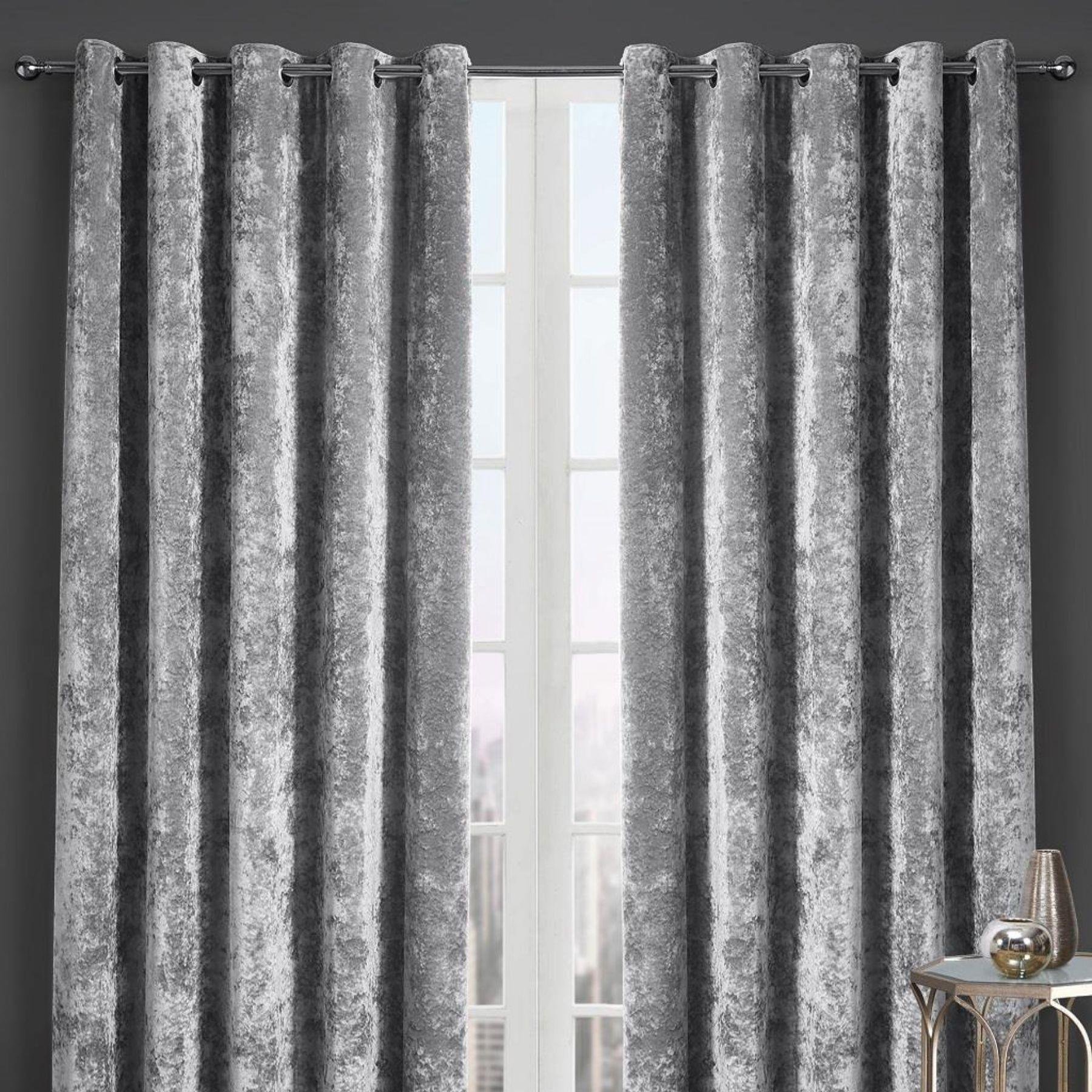 HomeSpace Direct Crushed Velvet Eyelet Curtains - Silver - 117 x 137cm