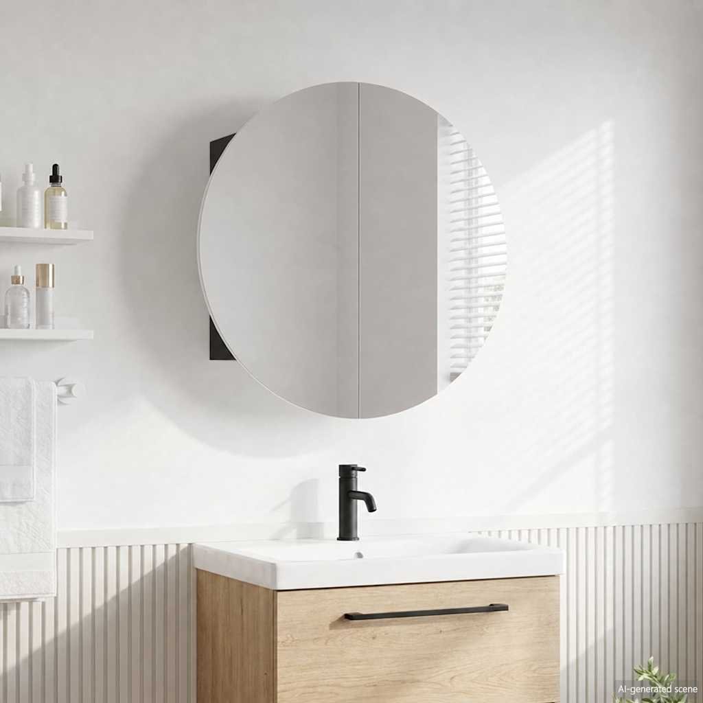 Walplus Bathroom Cabinet with Round Mirror LED - Black - 47 x 47 x 17.5 cm
