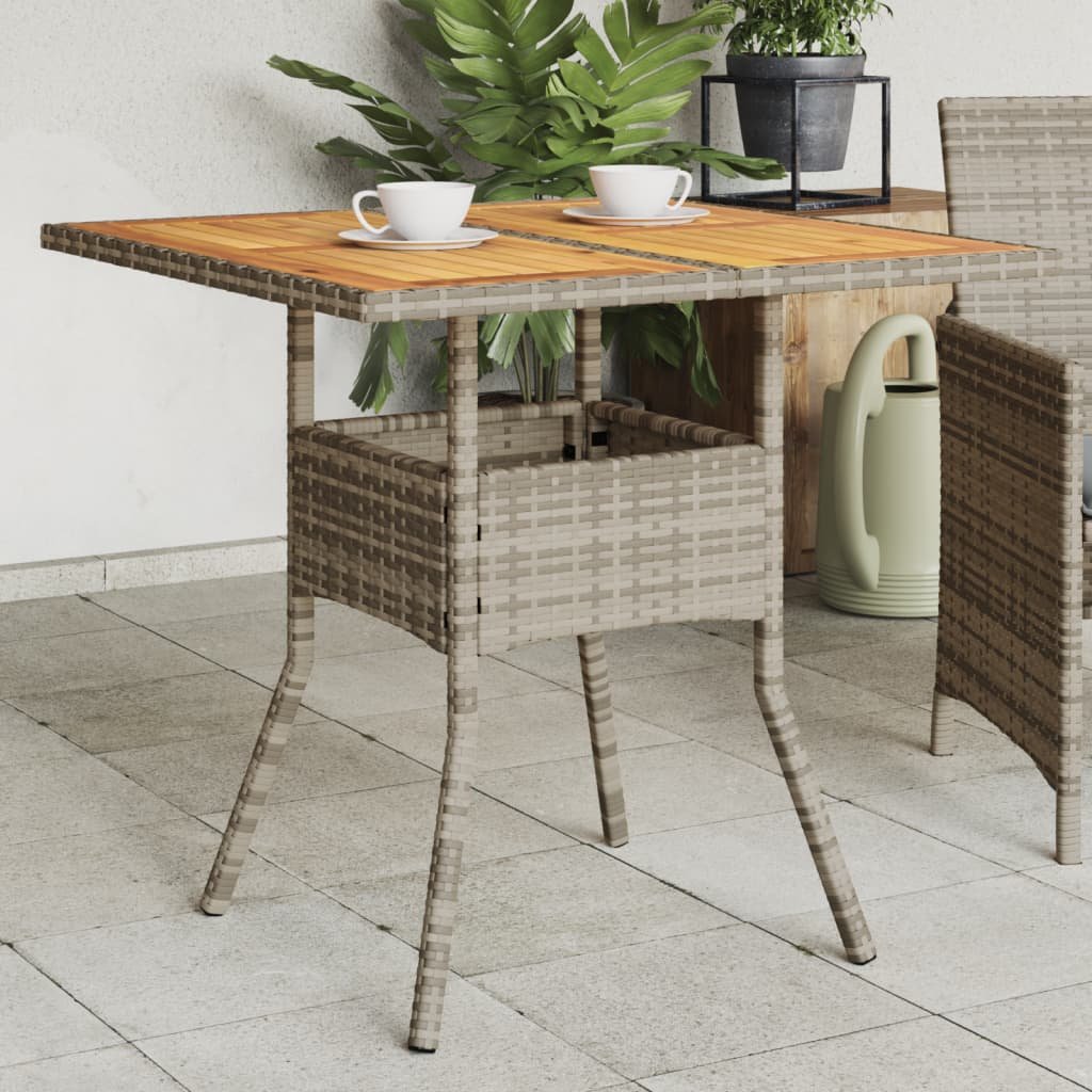 Walplus Poly Rattan Garden Table with Acacia Top - Grey - 80 x 80 x 75 cm
