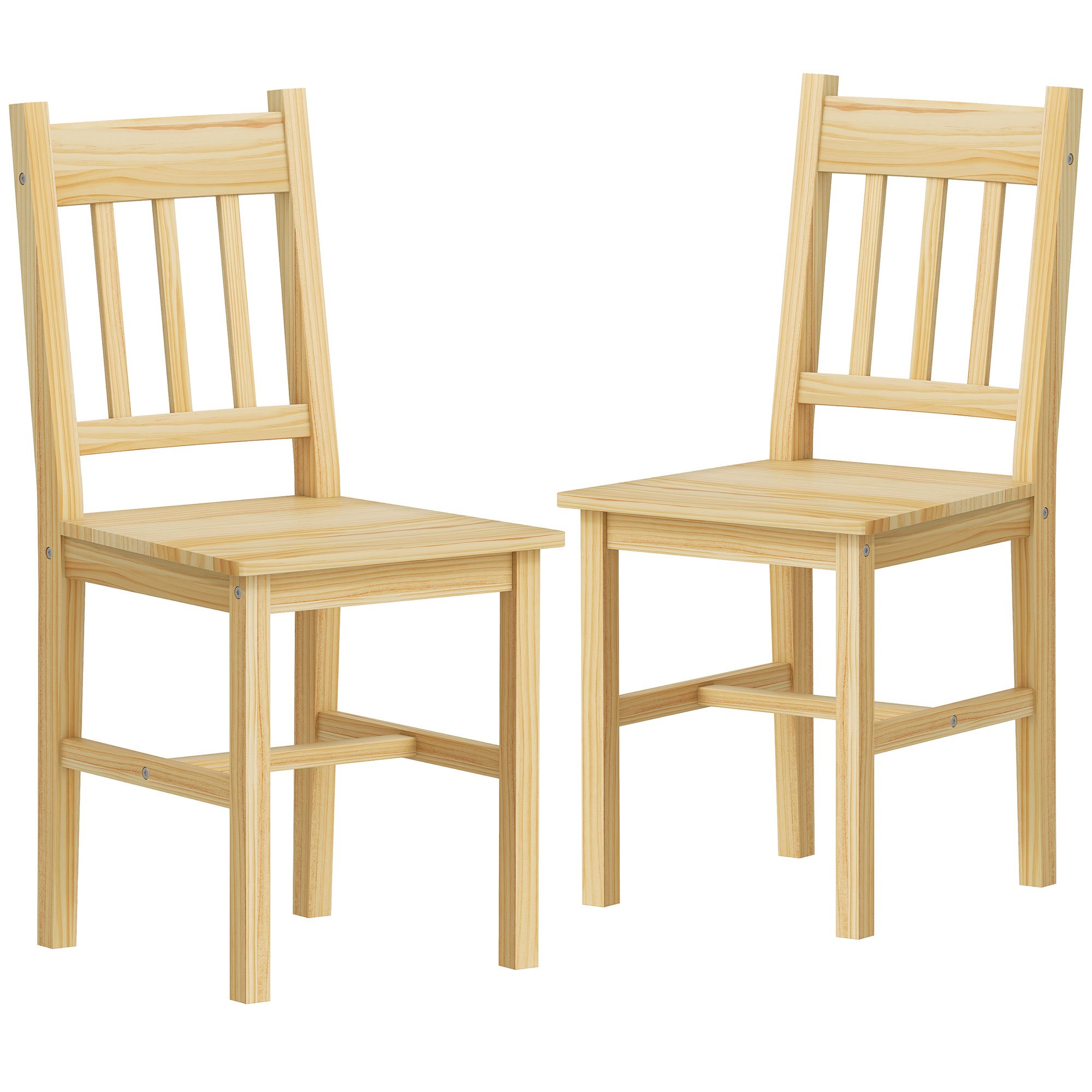 HOMCOM Set of 2 Pine Wood Dining Chairs with Slat Back - Natural Wood Finish