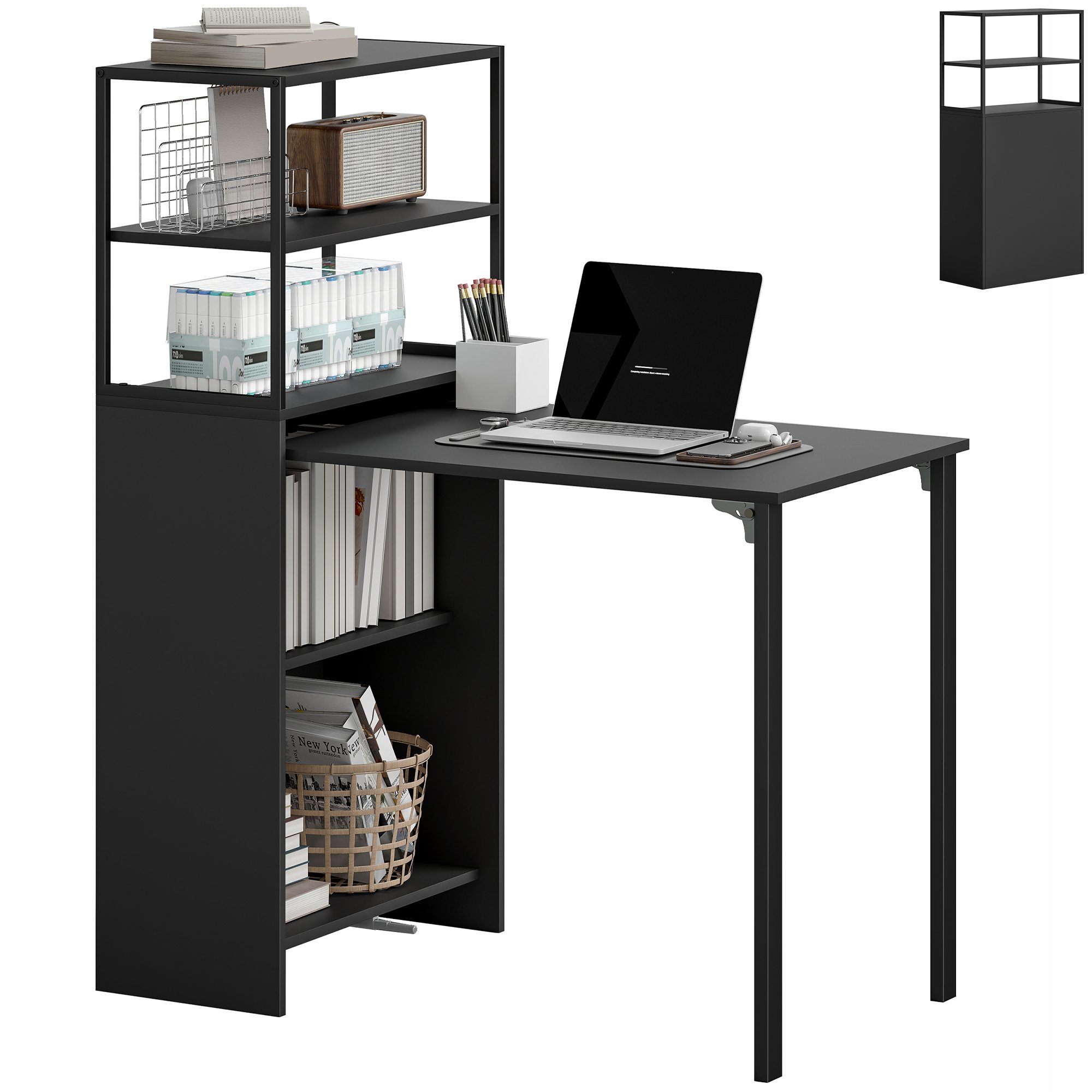HOMCOM Industrial Folding Computer Desk with Bookshelf - Black