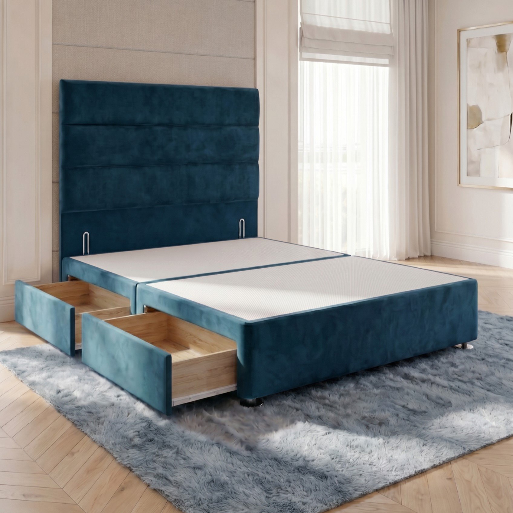 Somnior Regent Velvet Small Single 2 Drawer Divan Bed 54" Headboard - Navy