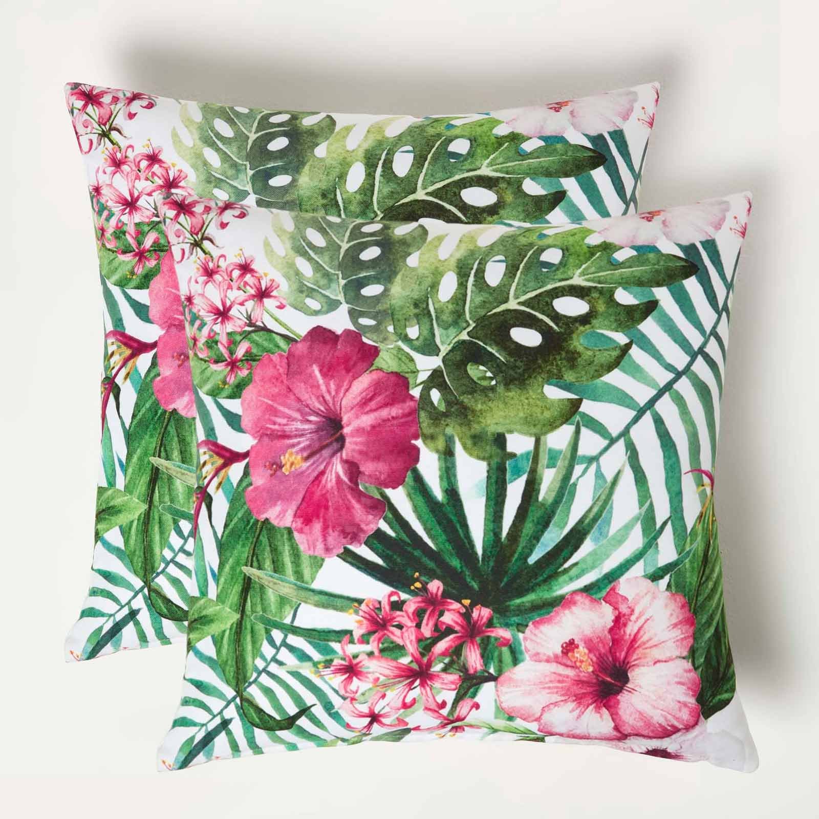 Homescapes Pack of 2 Botanical Flower Outdoor Cushion - Green