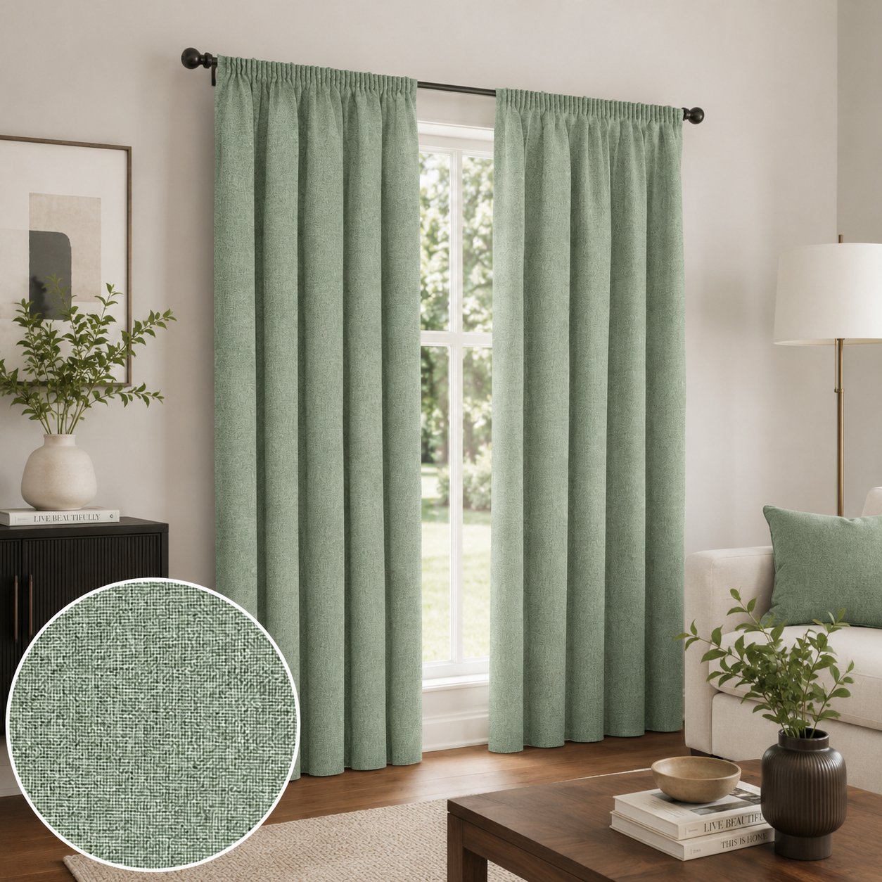 Enhanced Living Alderley Blackout Pencil Pleat Curtains - 117 x 229cm - Green