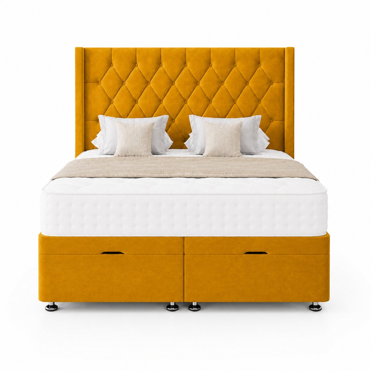 Comfy Deluxe Zoro 5ft King Size Plush Velvet End Lift Ottoman Bed Set - Mustard