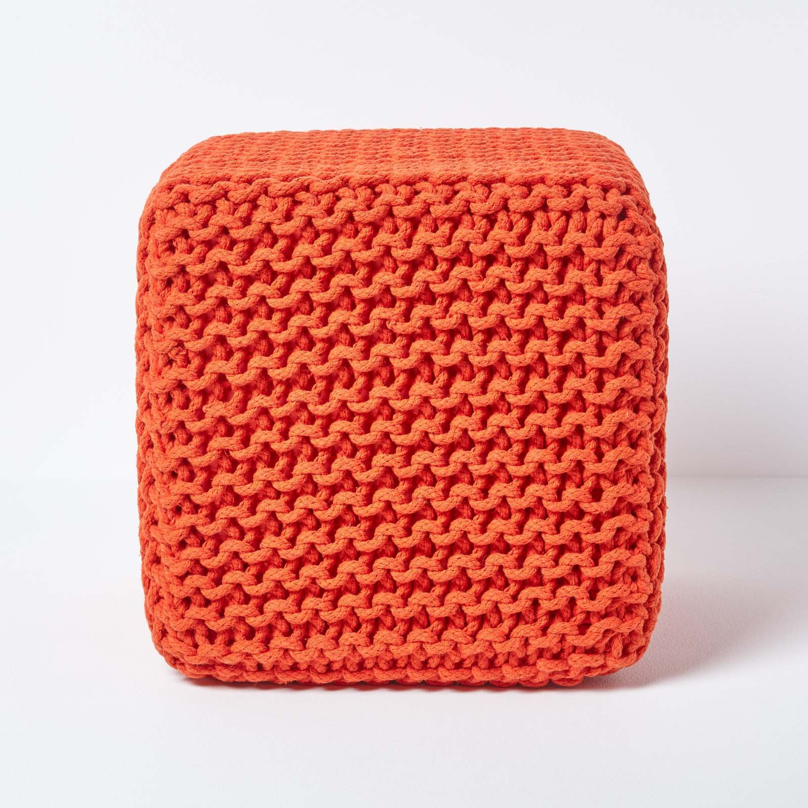 Homescapes Cube Cotton Knitted Pouffe Footstool – Burnt Orange