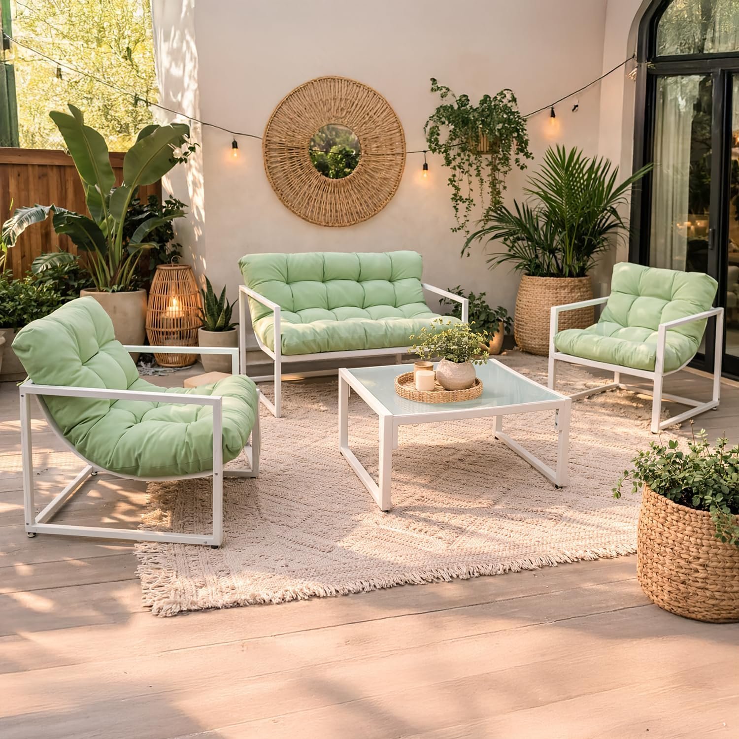 Neo 4 Piece Metal Patio Furniture Set with Glass Coffee Table- Green