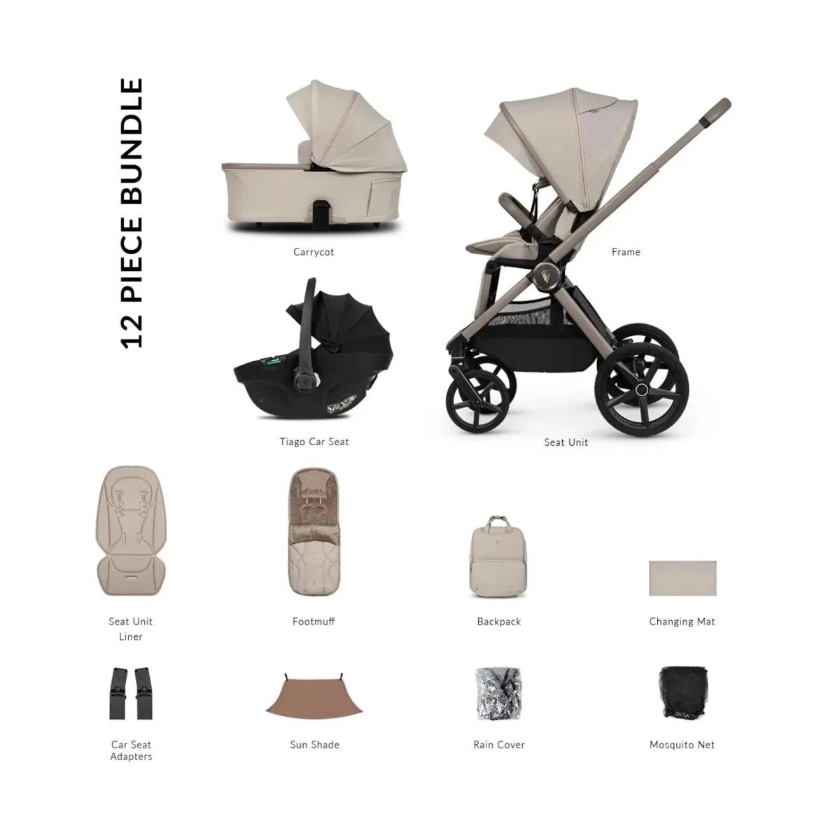 Venicci Upline 3 3-in-1 12-Piece Travel System - Black/Pebble