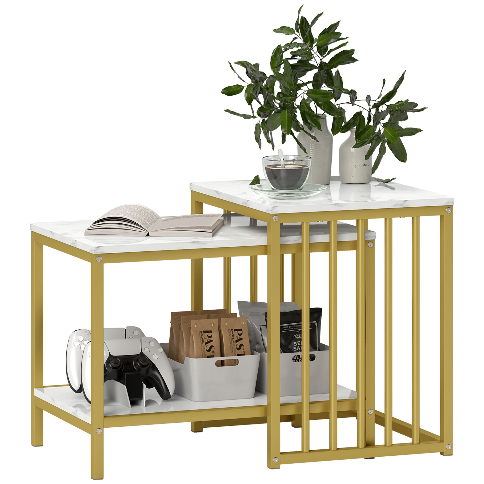 HOMCOM Set of 2 Modern Marble-Effect Nesting Side Tables - Gold Tone