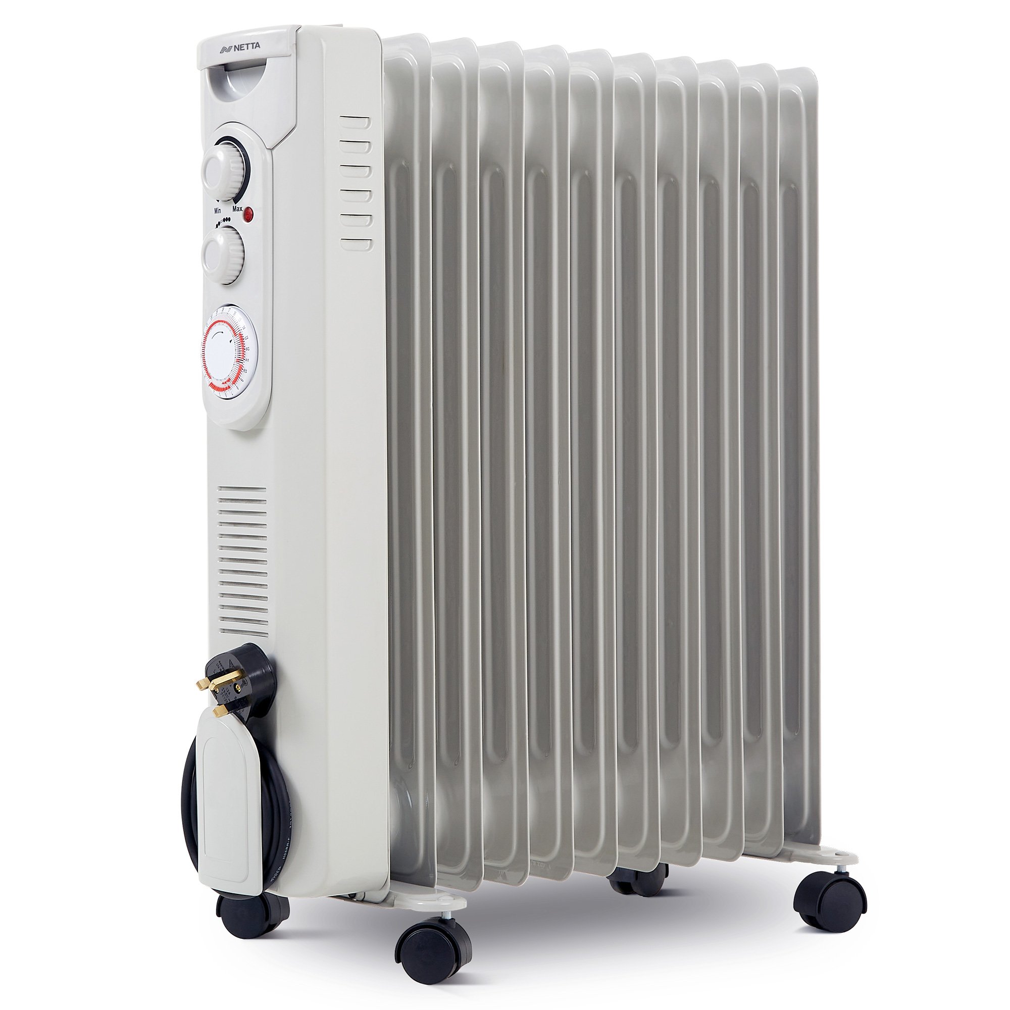 NETTA 2500W Oil Filled Radiator, Thermostat, 24H Timer, 11 Fin - Grey