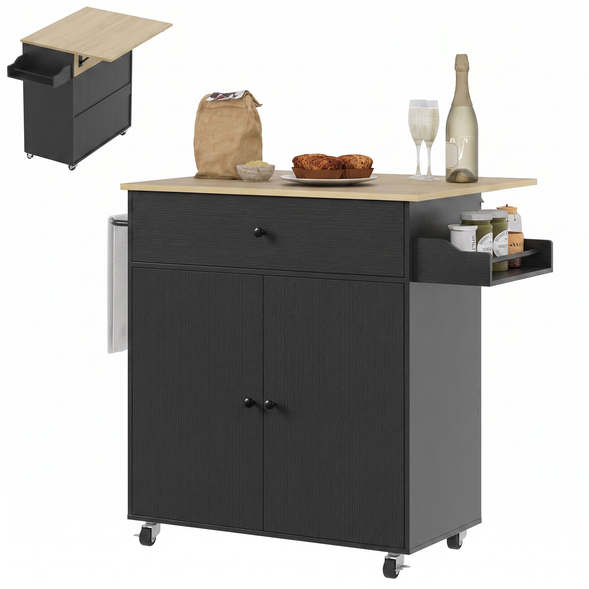 HOMCOM Adjustable Shelf Kitchen Island with Drop Leaf and Spice Rack - Black