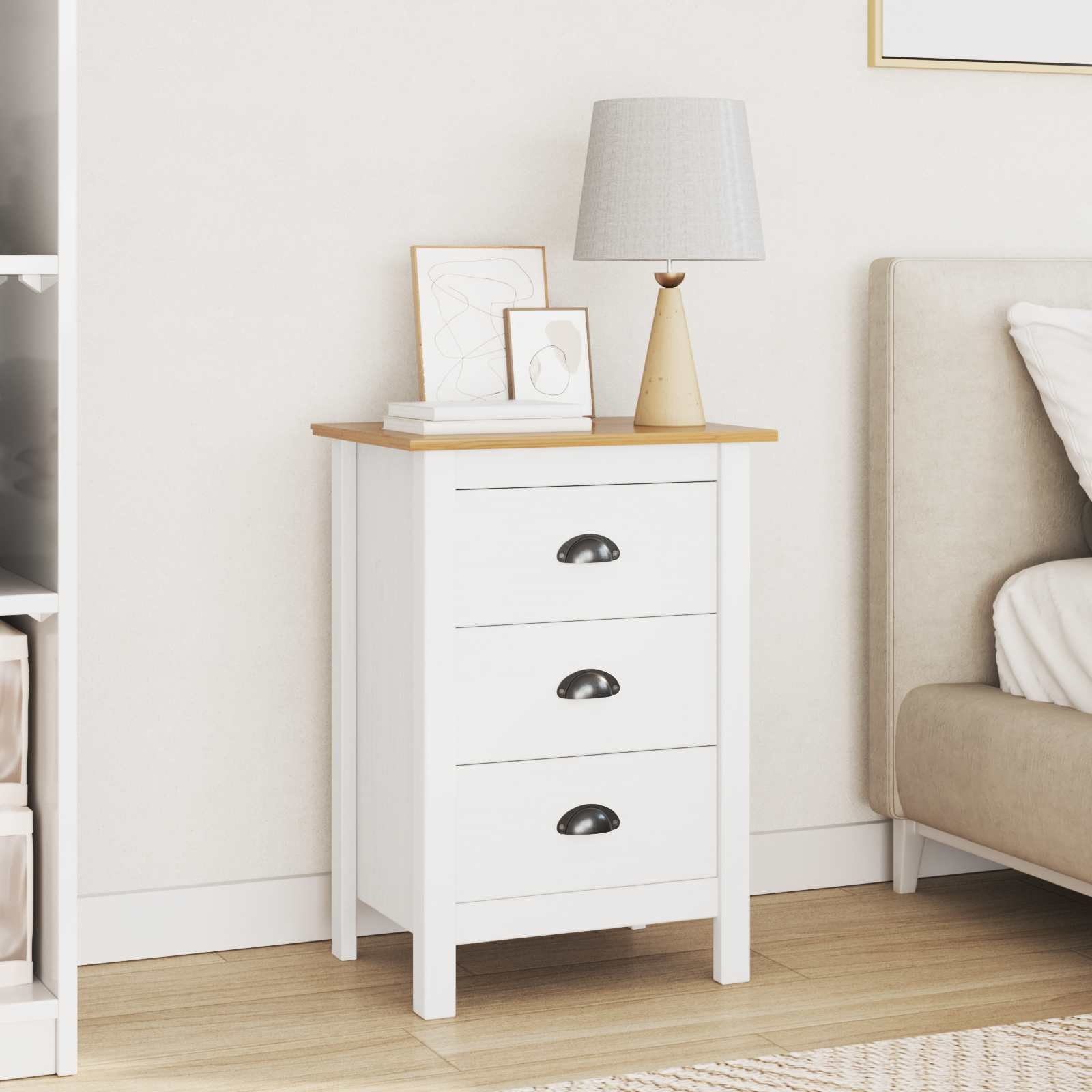 Walplus Solid Pine Bedside Cabinet - White - 46 x 35 x 65 cm