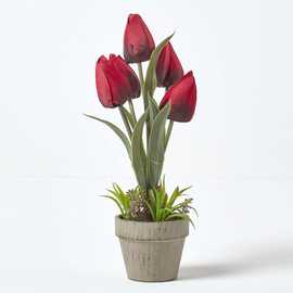 Homescapes Polyester Artificial Tulip Plant in Paper Pulp Pot - Red