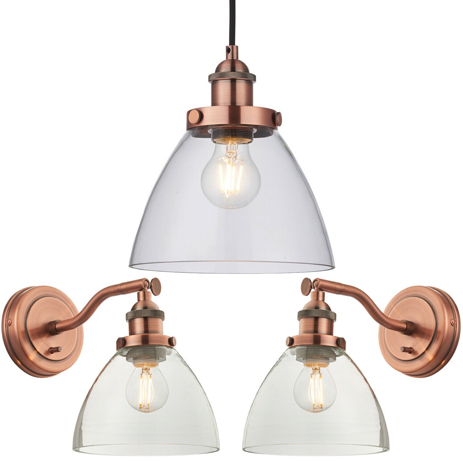 Loops Direct Steel Glass Pendant Two Wall Lights - Aged Copper