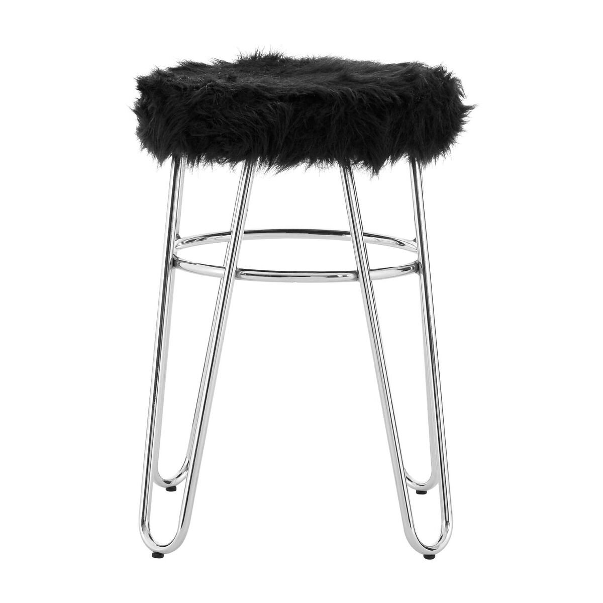 Orsina District Faux Fur Stool – Black & Chrome