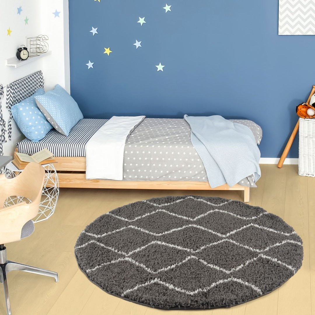 The Rugs Dark Grey Moroccan Shaggy Zigzag Round Rug - 120cm