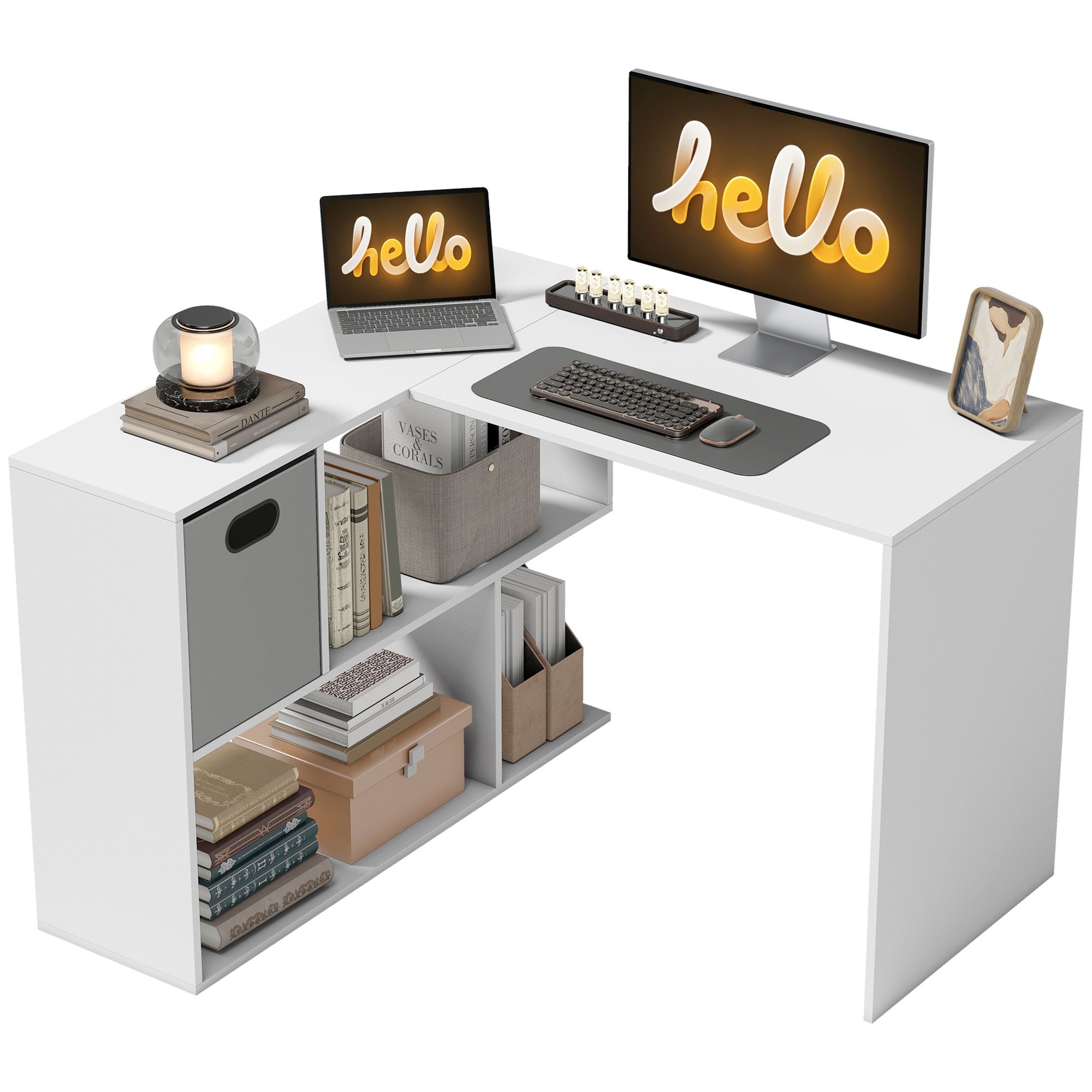 HOMCOM L Shaped Computer Desk with Fabric Drawer and Storage Shelves - White