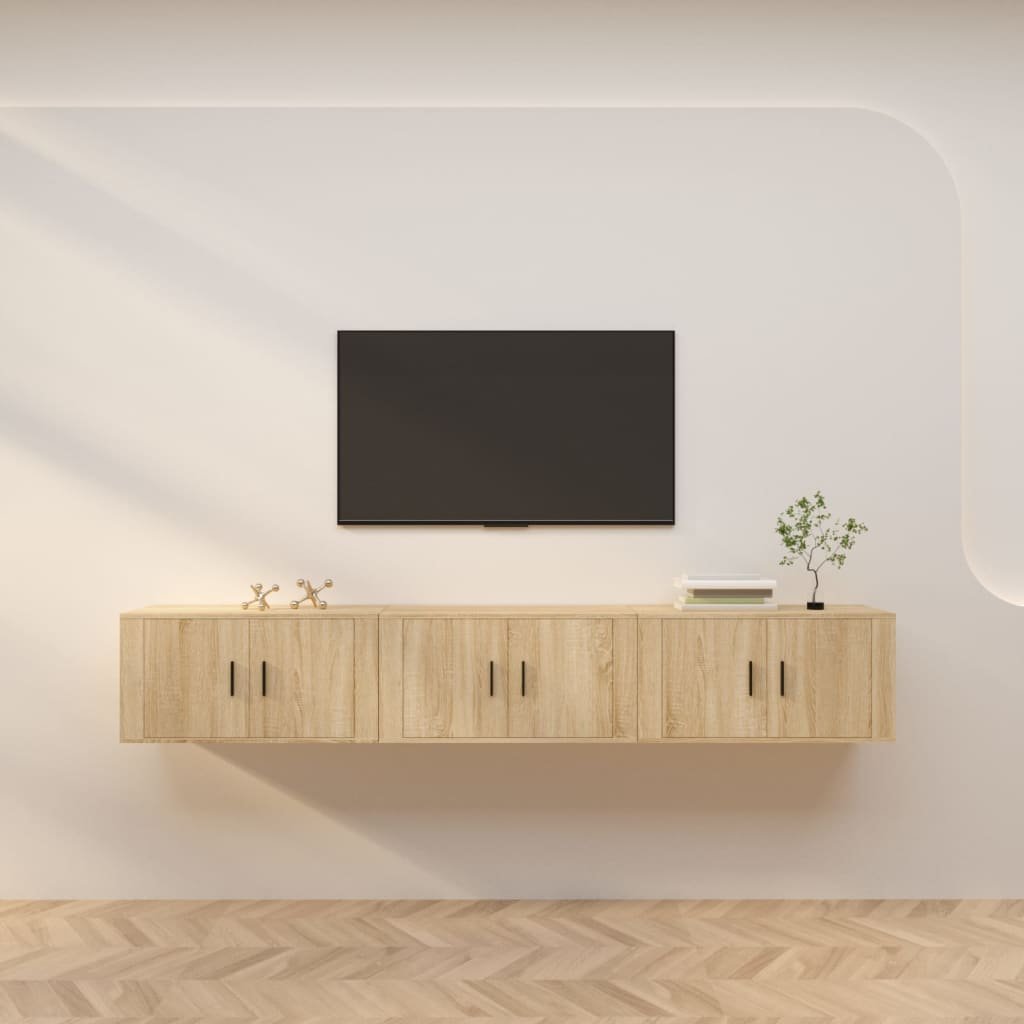 Walplus Pack of 3 Wall Mounted TV Cabinet - Light Oak - 80 x 34.5 x 40 cm