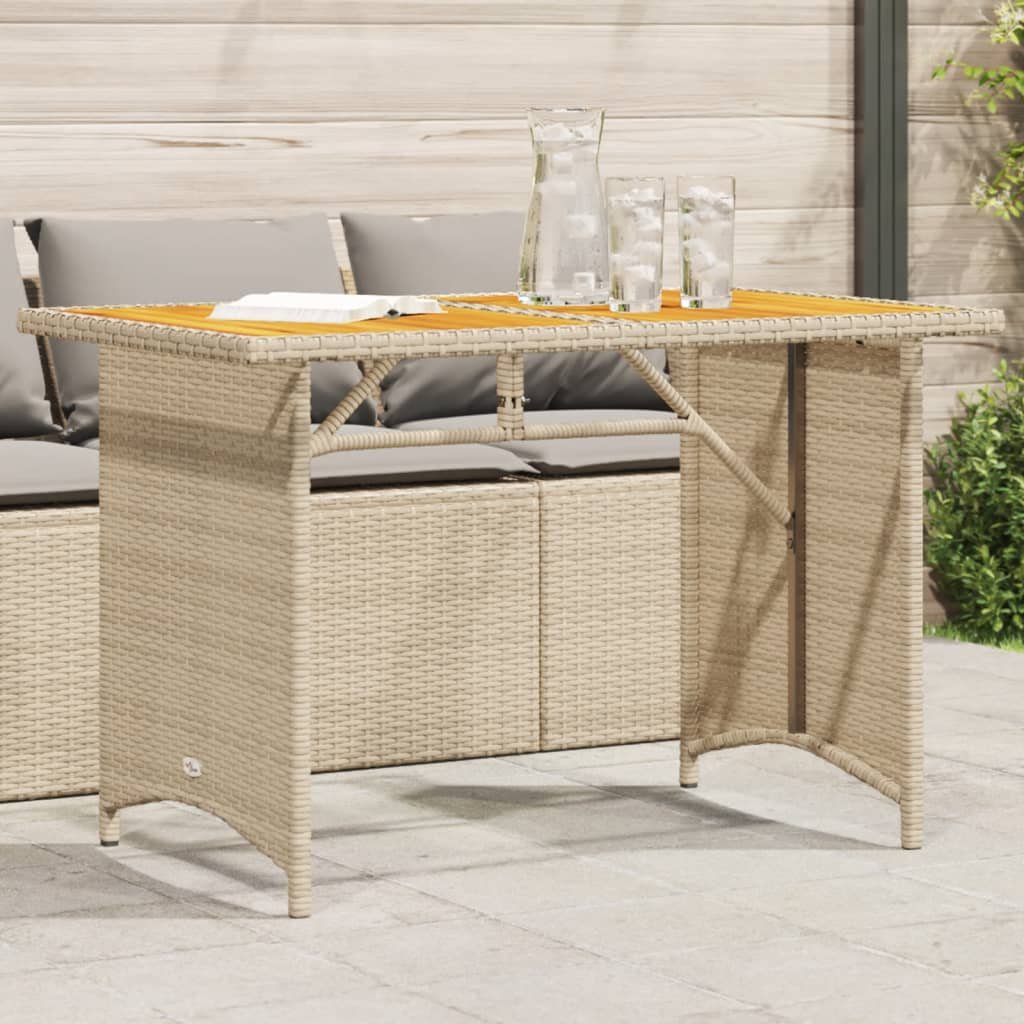 Walplus Poly Rattan Garden Table with Wooden Top - Beige - 110 x 68 x 70 cm
