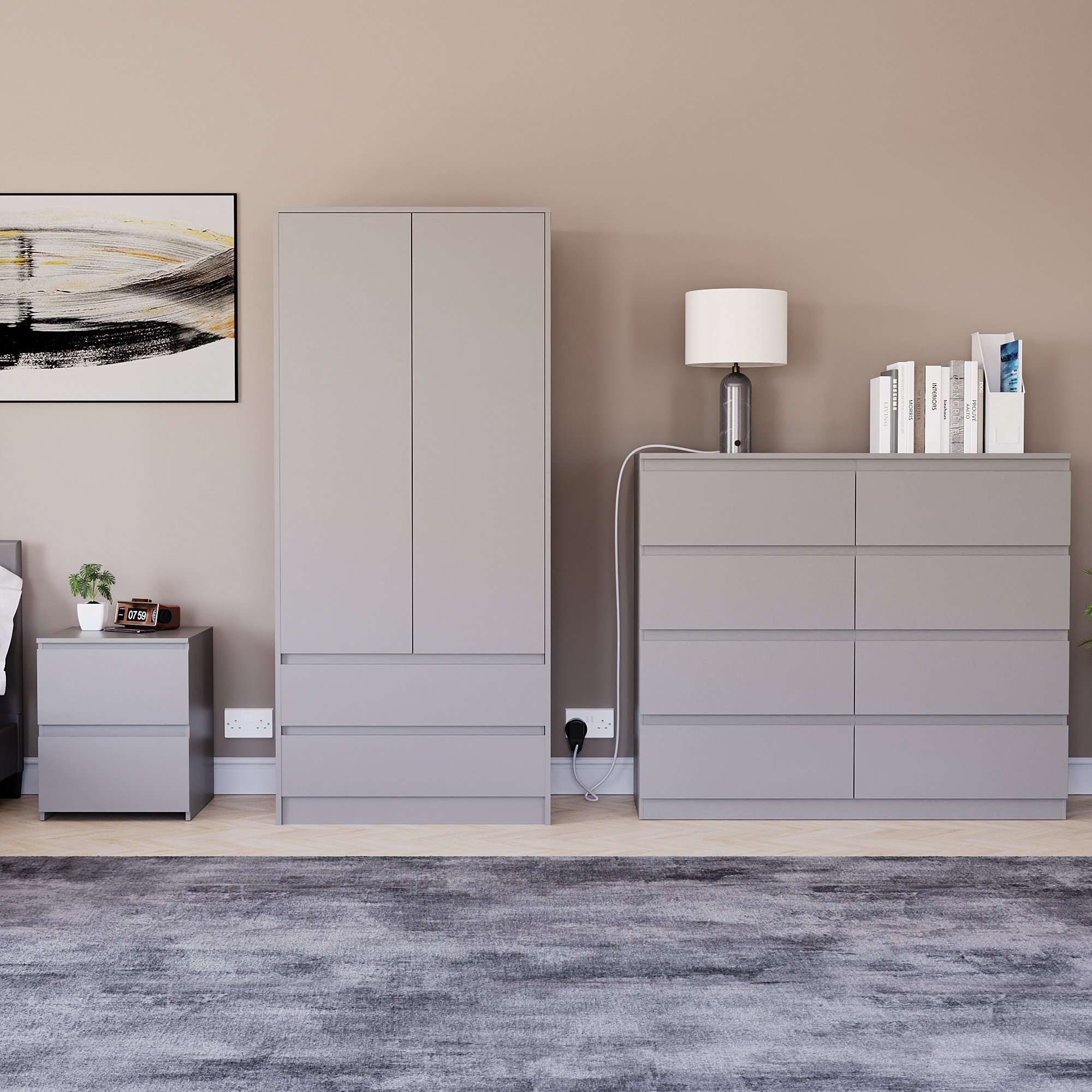 Vida Designs Denver Bedroom Set (Bedside, 8 Drawer Chest, 2x2 Wardrobe) - Grey