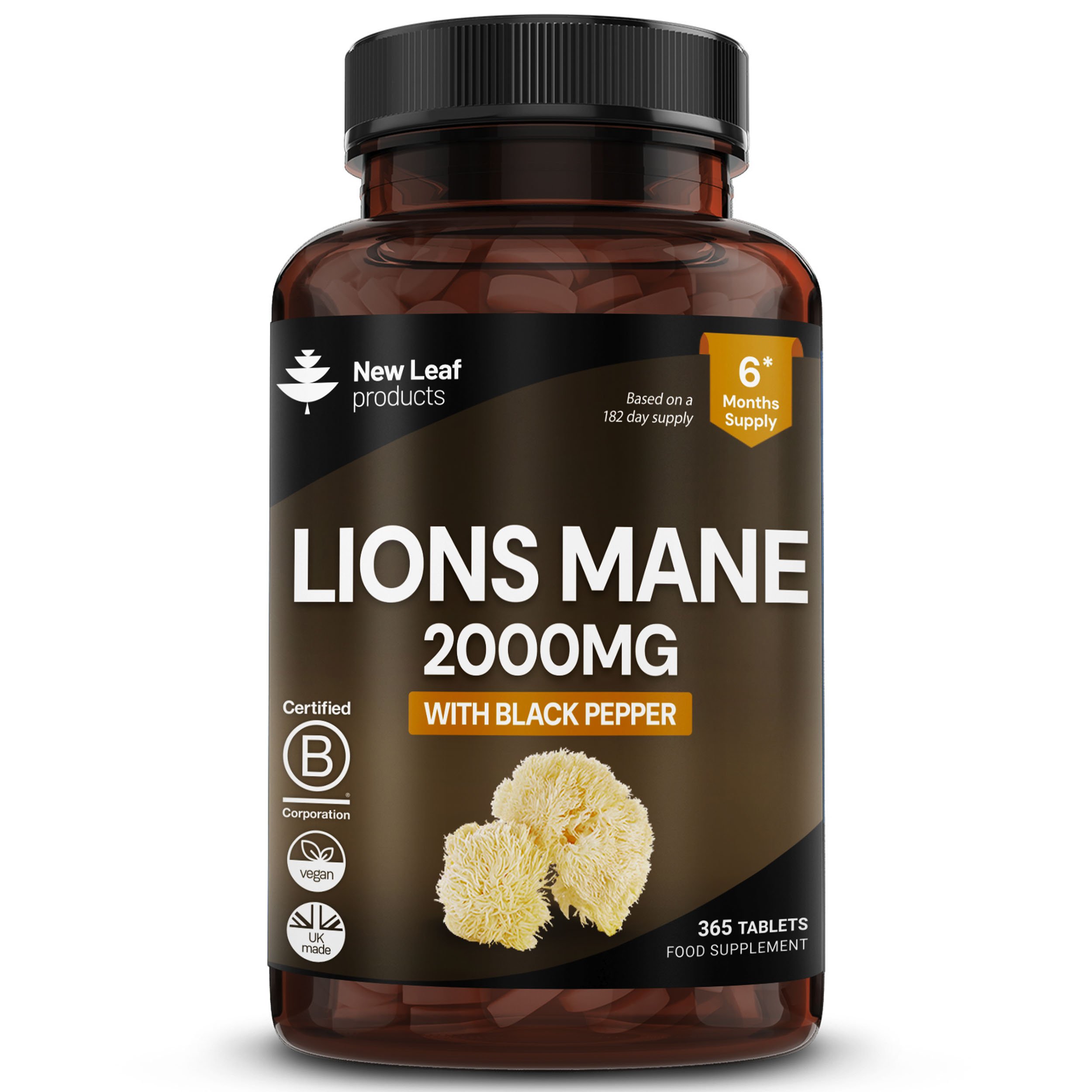 New Leaf Lions Mane Mushroom with Black pepper 2000mg - 365 Tablets