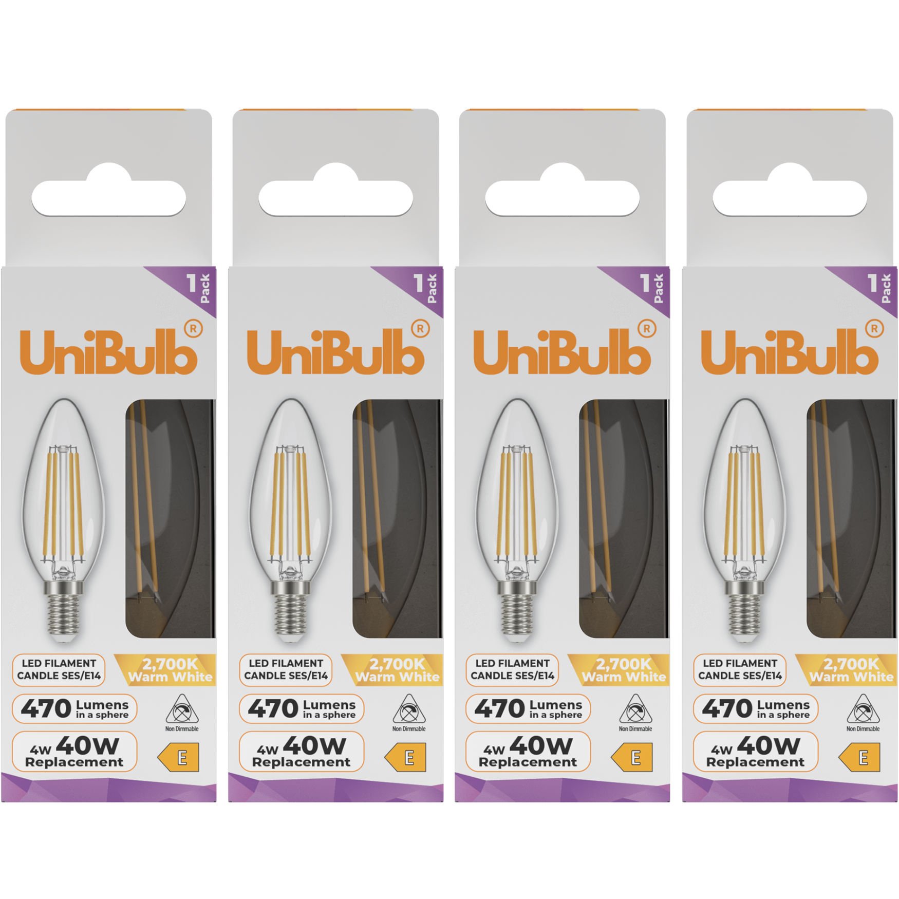 UniBulb 4W LED Warm White Filament Candle E14 Light Bulb - Pack of 4