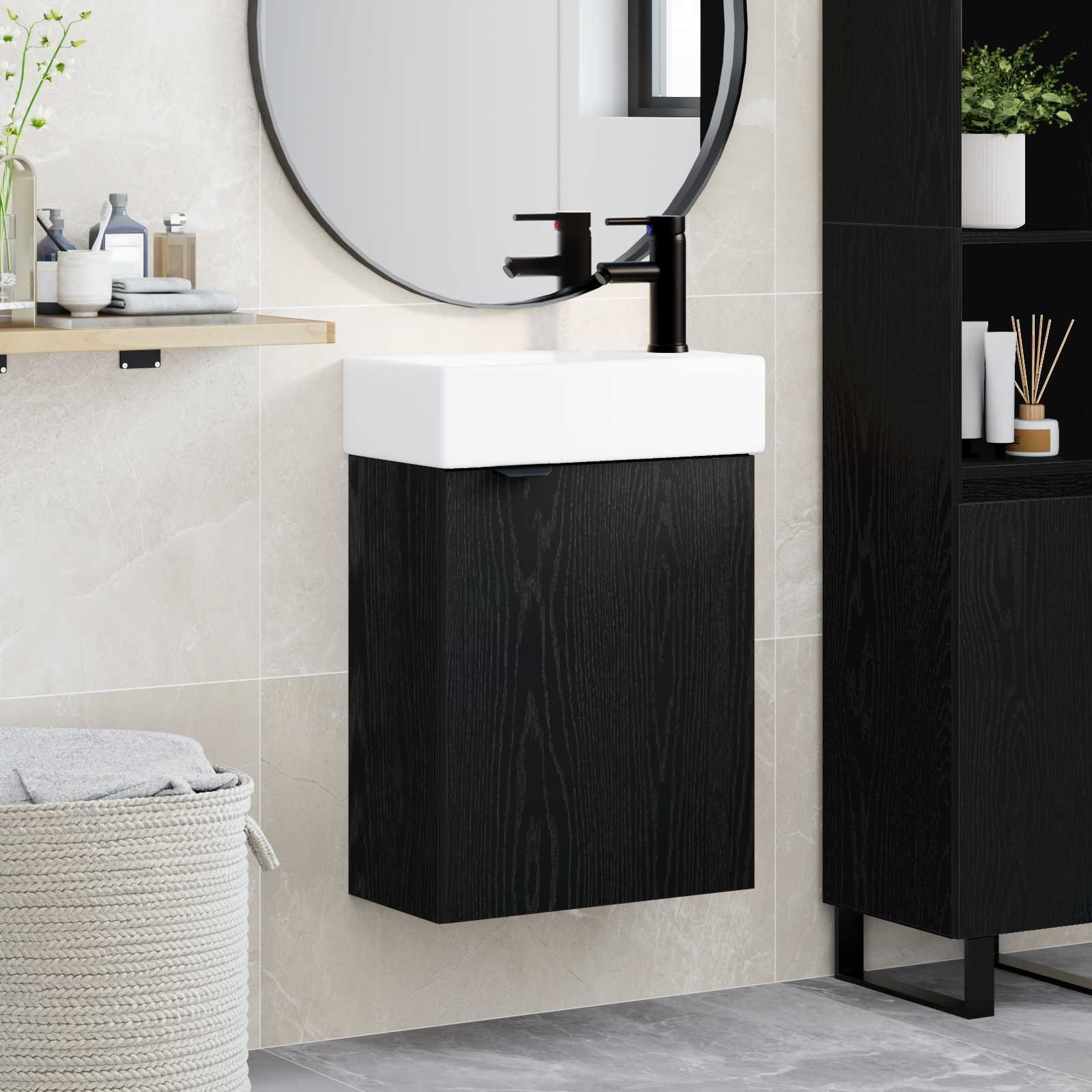 Walplus Wood Bathroom Vanity Unit Wall-Mounted - Dark Oak - 45.5 x 22.5 x 84 cm