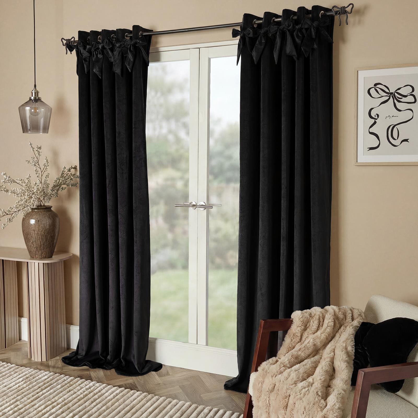 OHS Bow Décor Velvet Eyelet Curtains - 168 x 229cm - Black