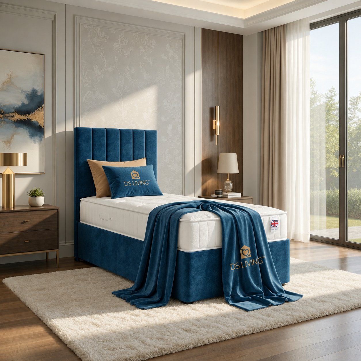 DS Living Aria Single Upholstered Ottoman Bed Frame - Blue