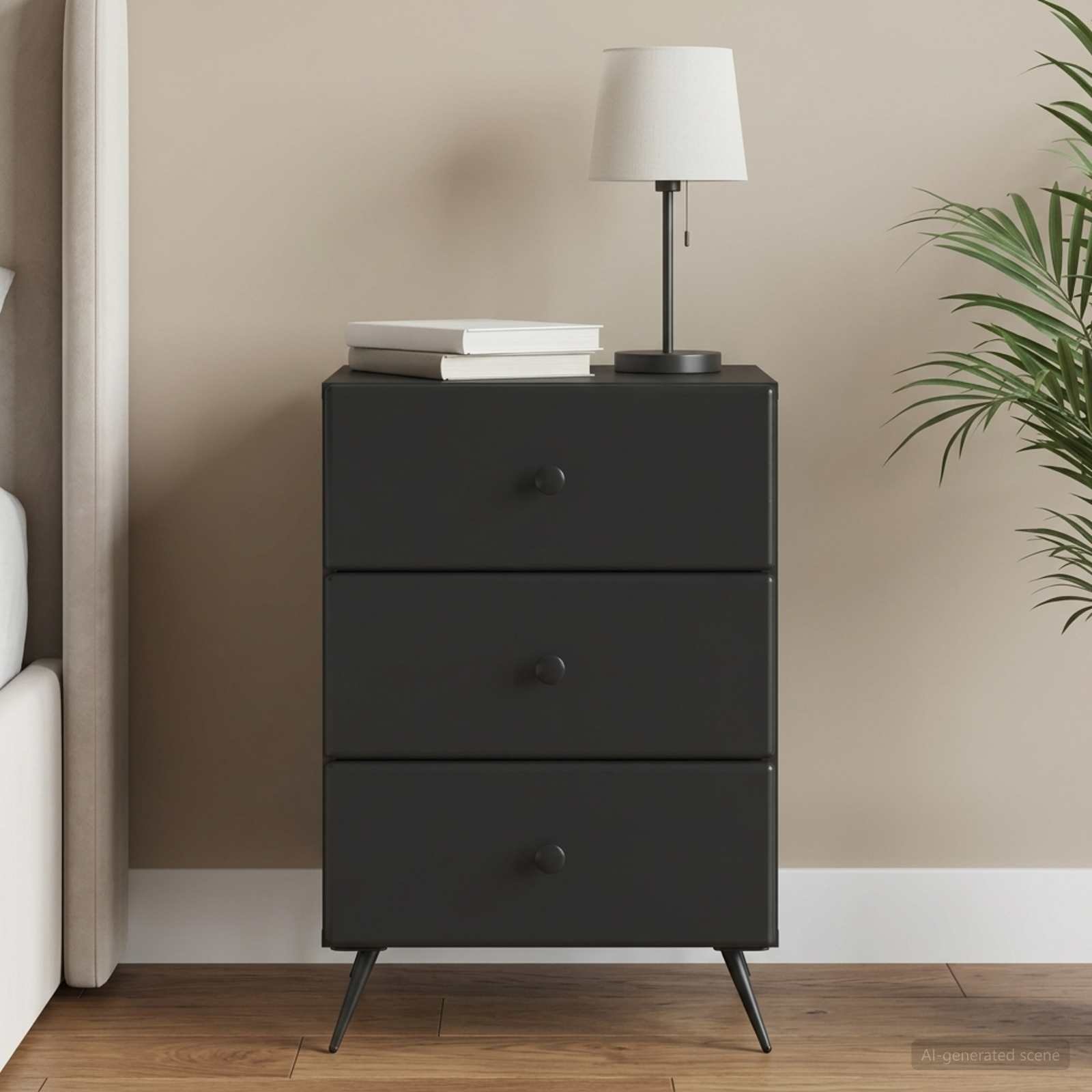 Walplus Engineered Wood Bedside Drawer Unit - Black - 43 x 41 x 66.5 cm