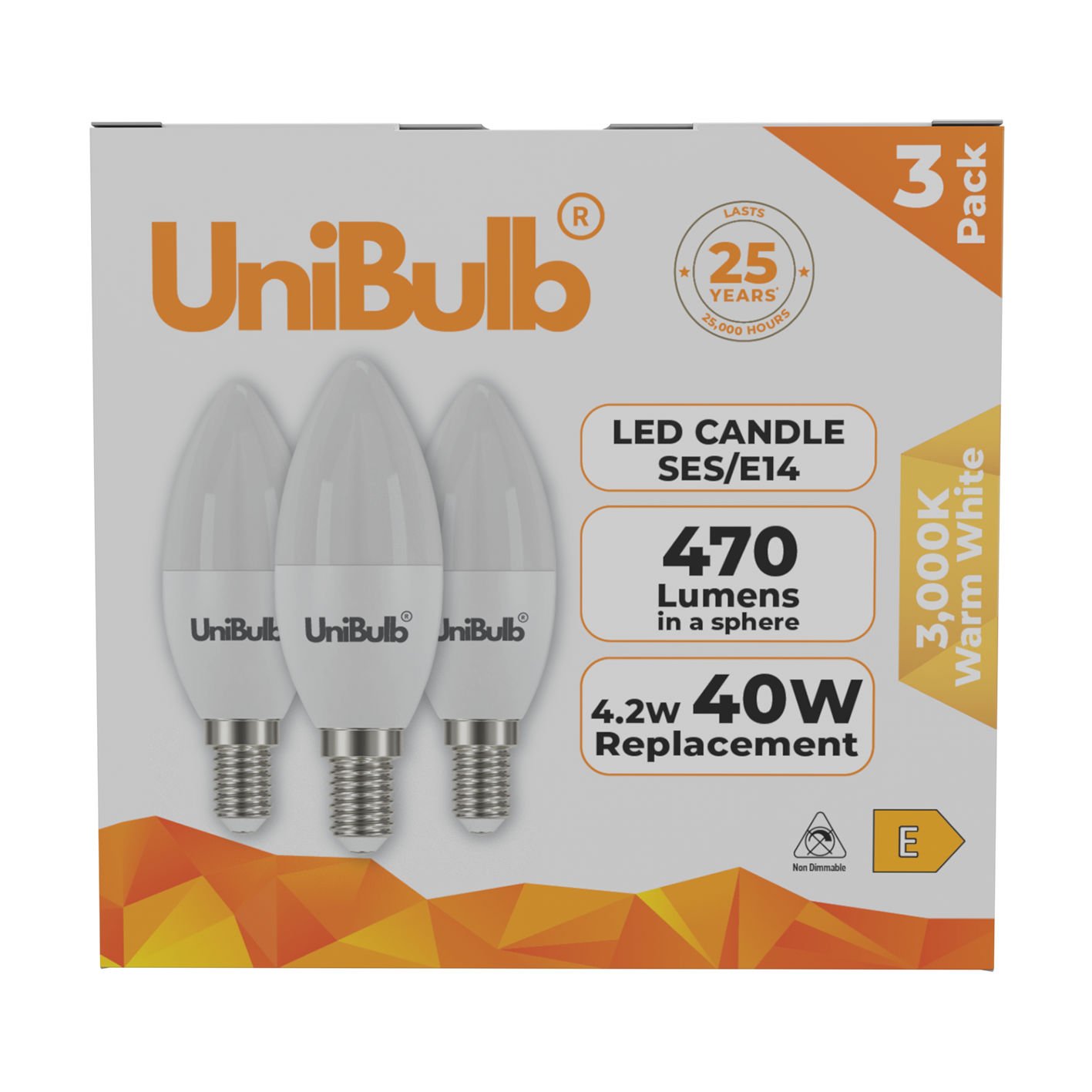 UniBulb 4.2W LED Warm White Candle E14 Light Bulb - 3 Pack