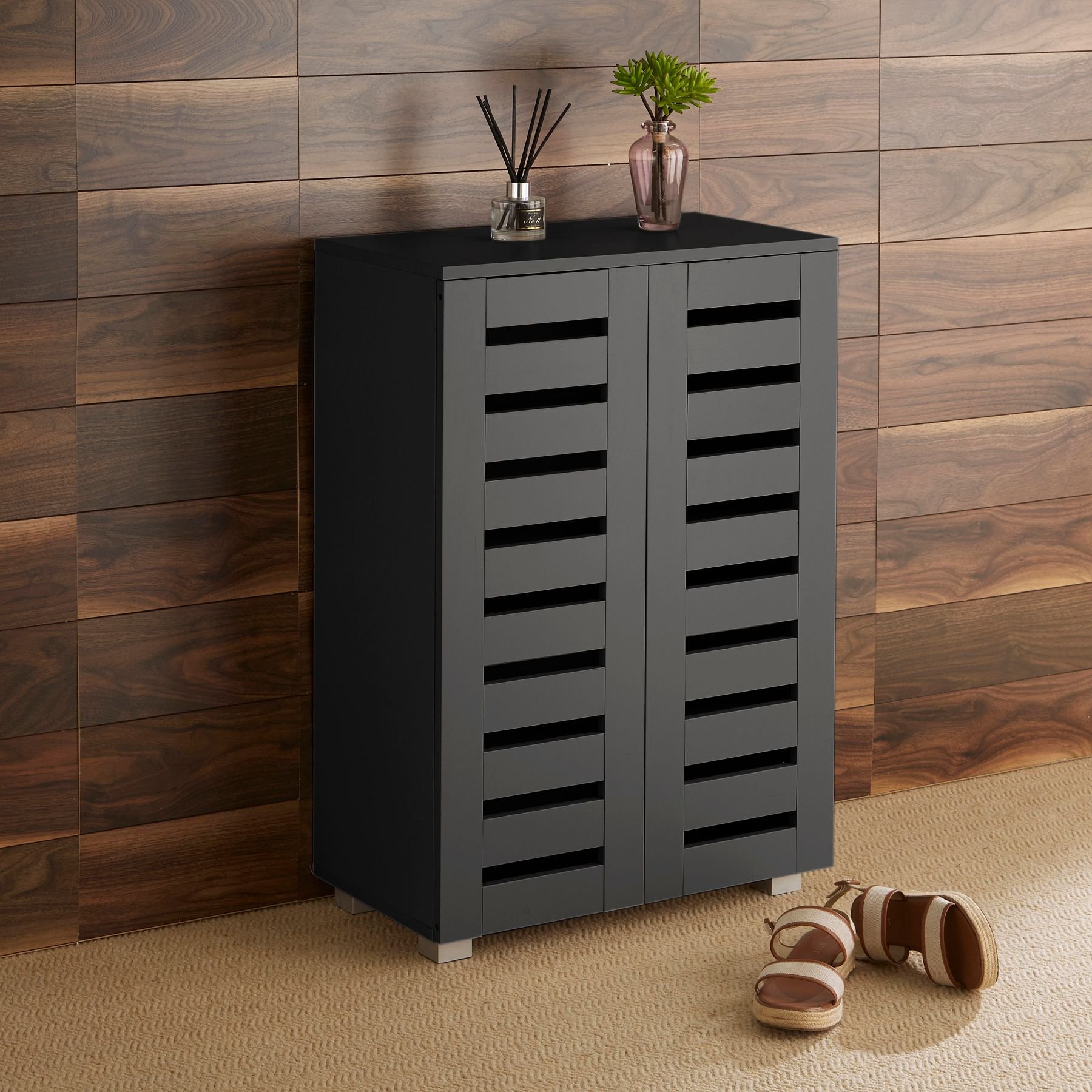 Home Source Oslo 2 Door Shoe Storage Cabinet - Black