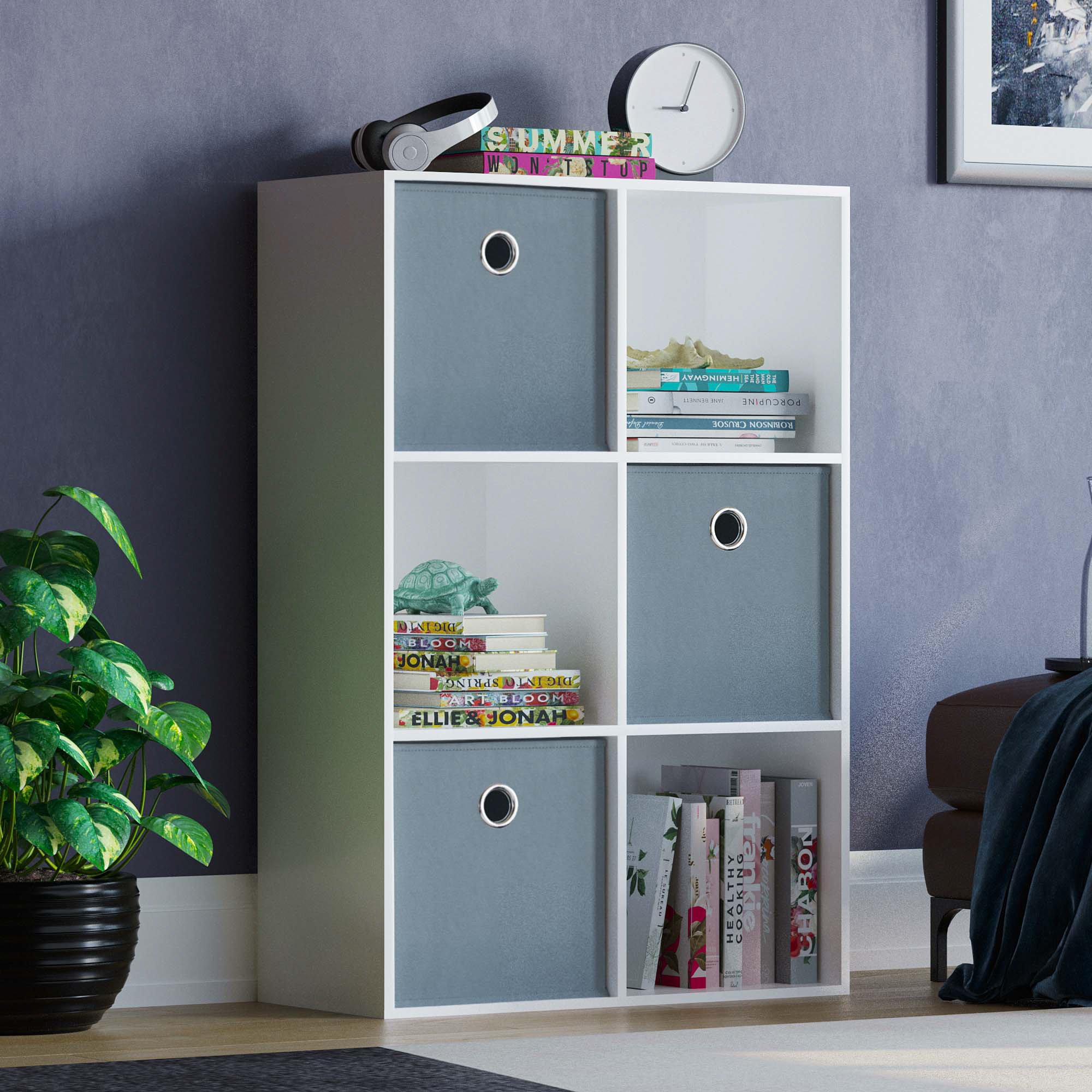 Vida Designs Durham 6 Cube Storage Unit with 3 Grey Baskets - White