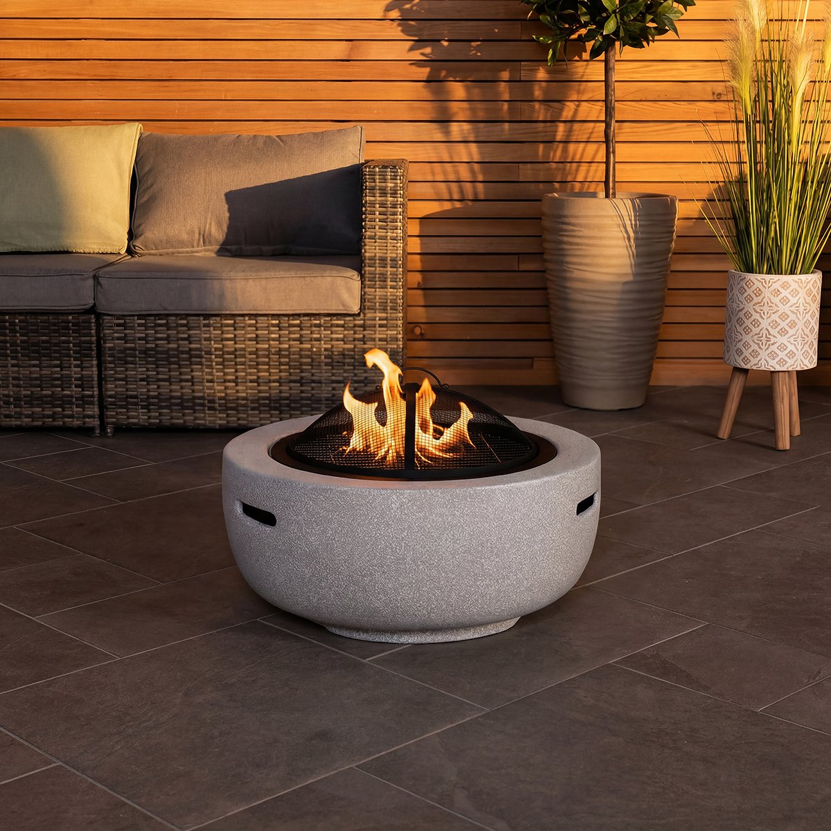 Charles Bentley 60cm Round Magnesia Cooking Grill Fire Pit - Grey