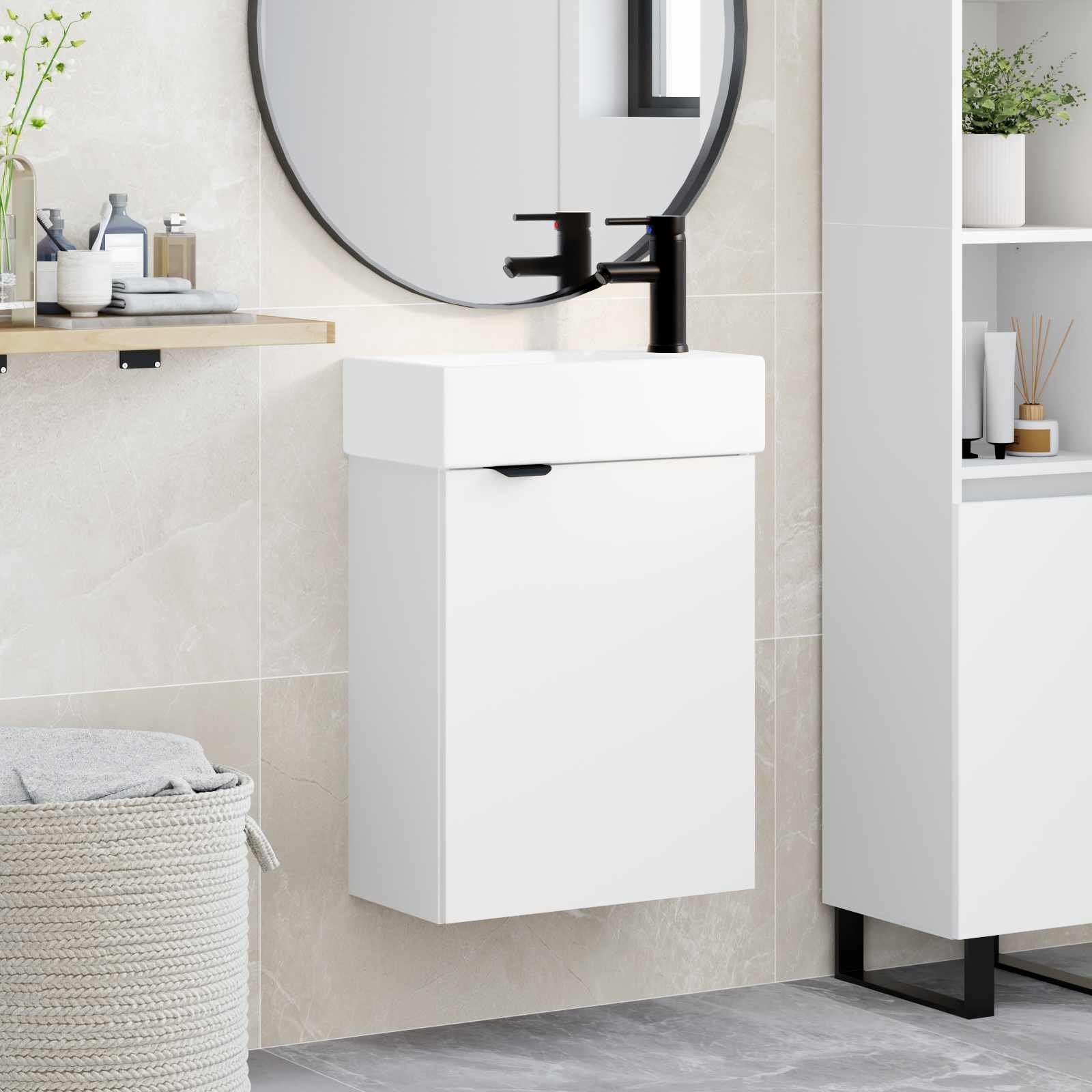 Walplus Wood Bathroom Vanity Unit Wall - Mounted - White - 45.5 x 22.5 x 84 cm