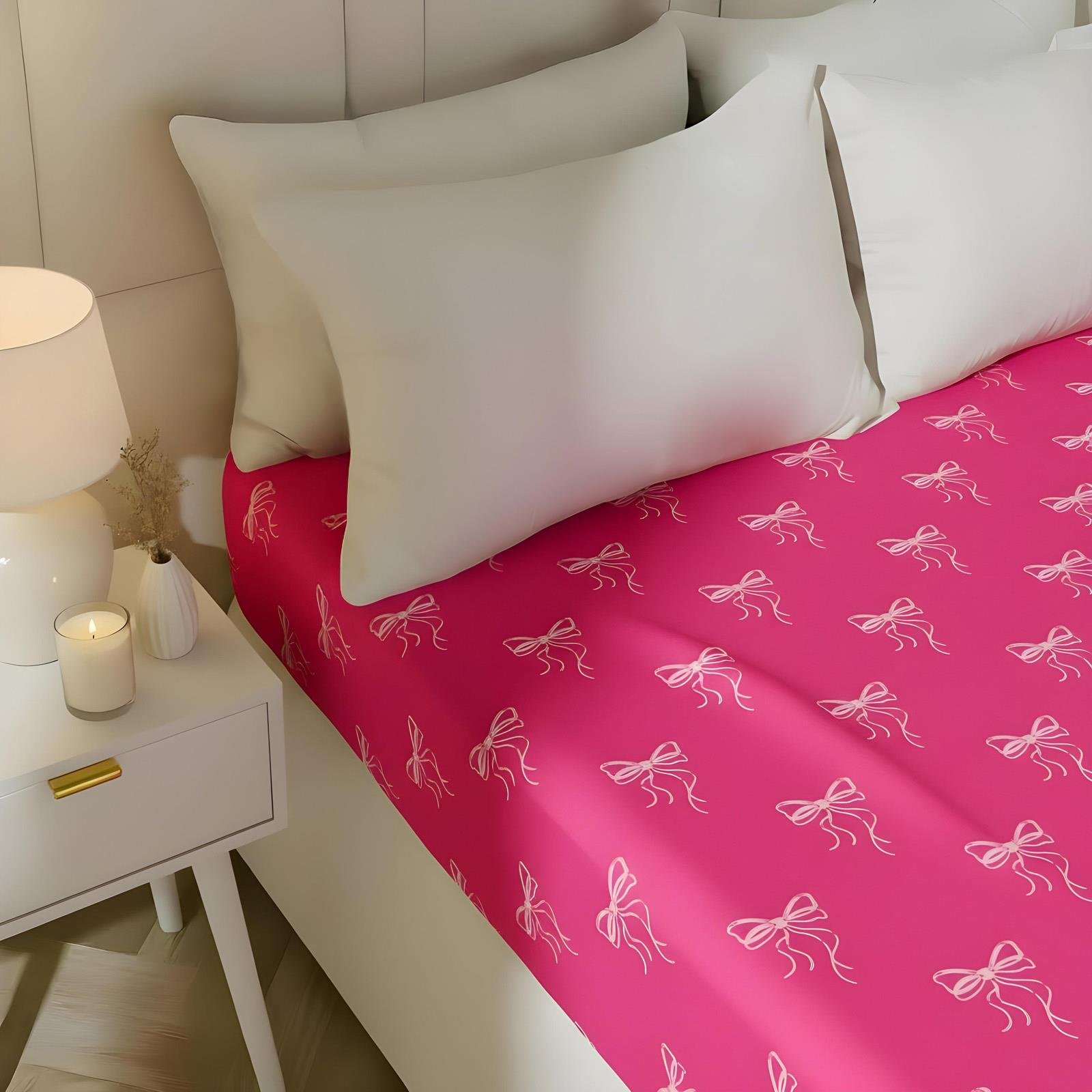 OHS Bows Print Microfibre Deep Fitted Bed Sheet Hot Pink - Double
