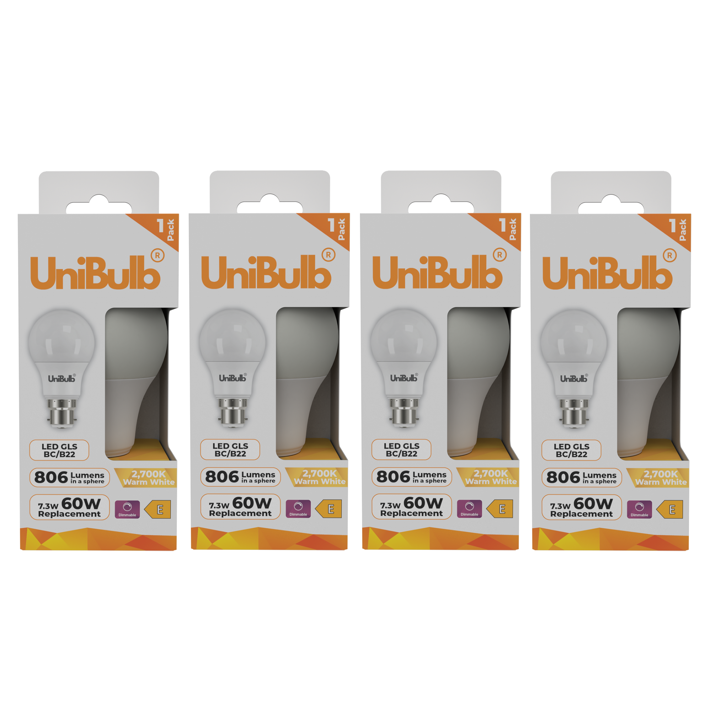 UniBulb 7.3W LED Warm White Dimmable GLS B22 Light Bulb - Pack of 4