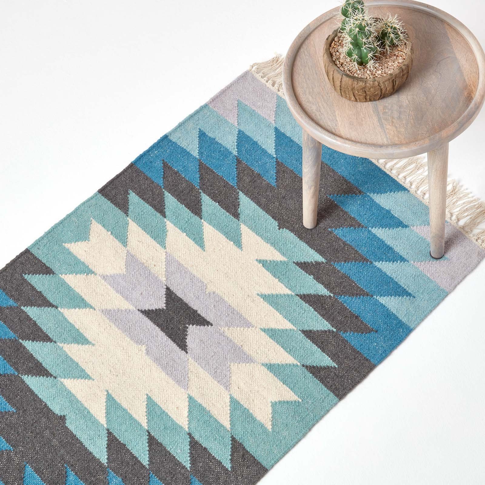 Homescapes Blue Grey Cream Helsinki Geometric Wool Kilim Runner - 66 x 200cm