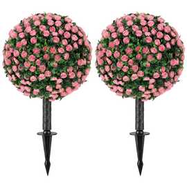 HOMCOM Set of 2 55cm UV Resistant Artificial Rose Topiary - Pink