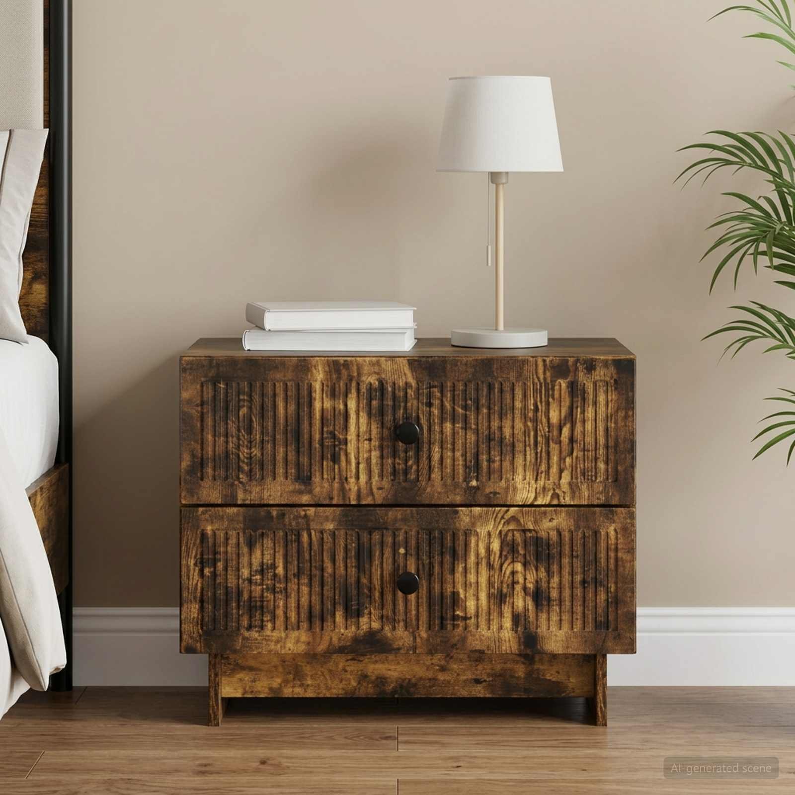 Walplus Engineered Wood Bedside Cabinet - Smoked Oak - 62 x 34.5 x 47.5 cm