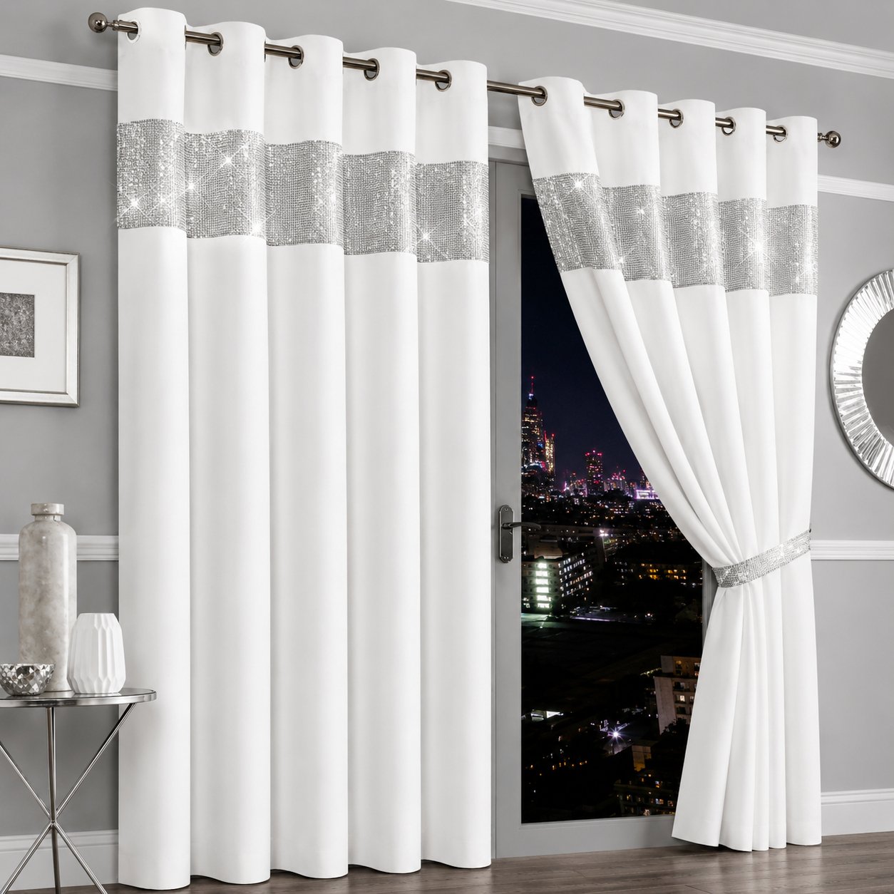 New Edge Blinds White Diamante Blackout Eyelet Curtains - 167cm x 229cm