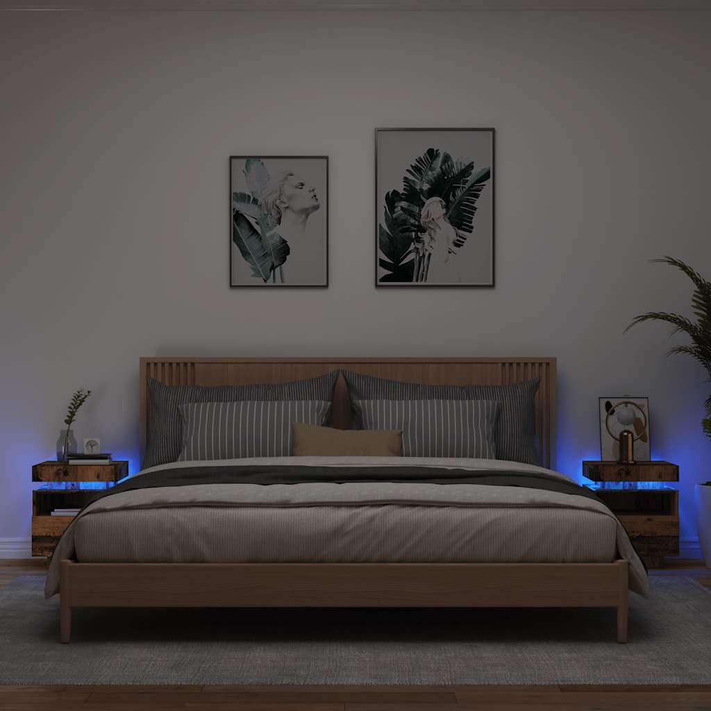 Walplus Pack of 2 LED Bedside Cabinet - Dark Wood - 40 x 39 x 48.5 cm